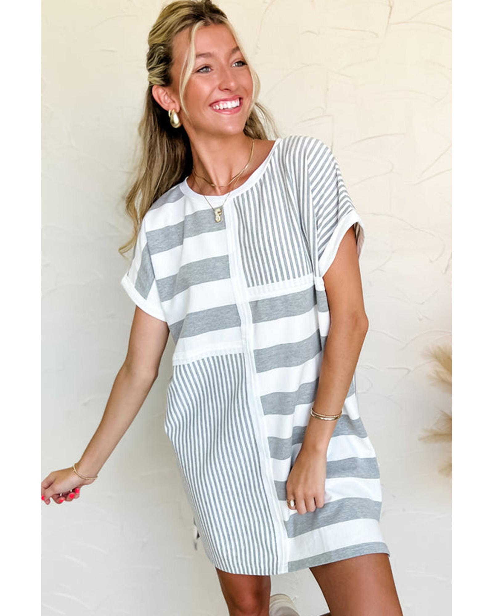 V539-AZEXDC6122448-P1119-L-202508310645-00 Azura Exchange Gray Stripe Mixed Printed Short Sleeve Shift Mini T Shirt Dress - L - Image 1