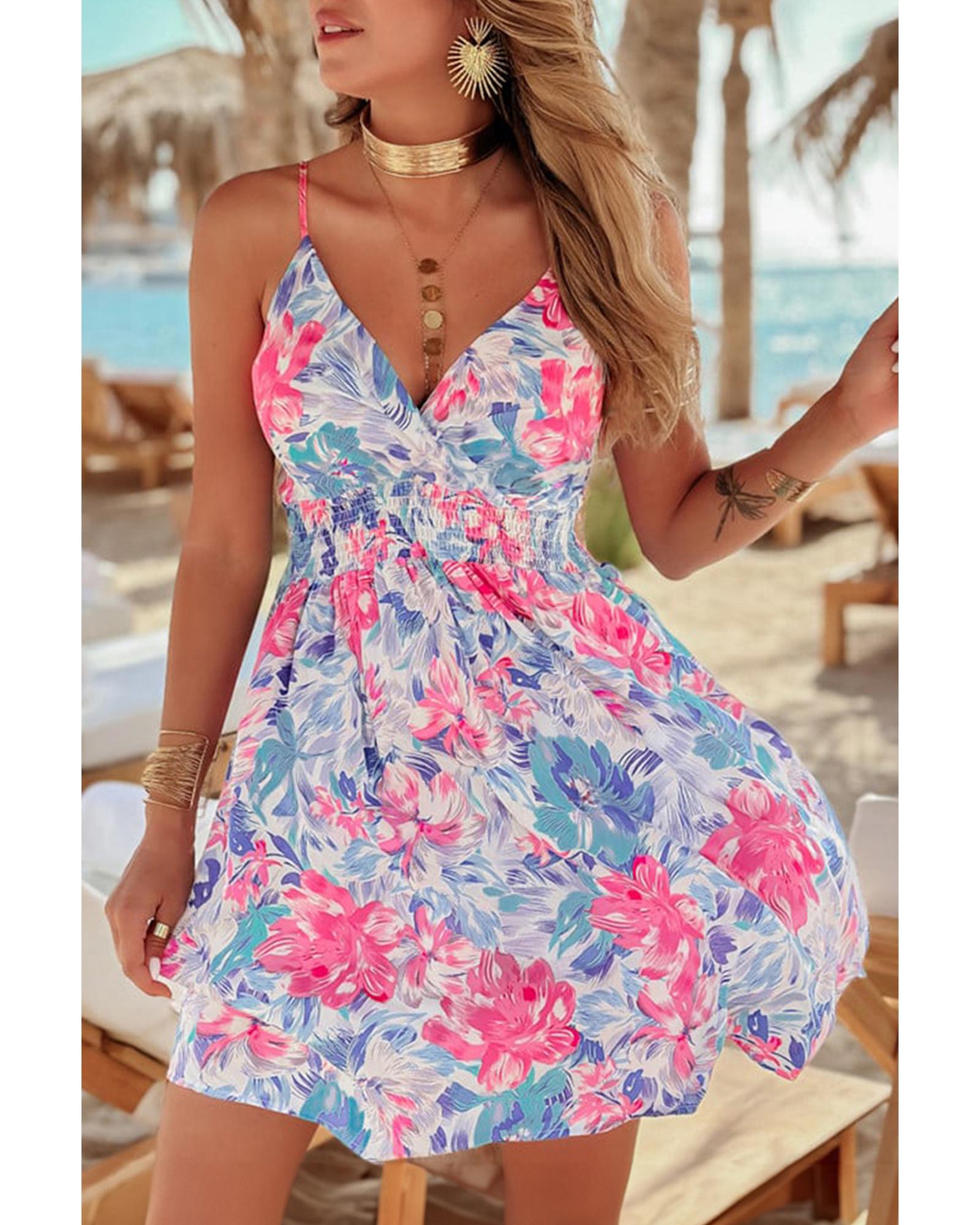 V539-AZEXDC6122454-P420-S-202506190035-00 Sky Blue Floral Spaghetti Strap Surplice Neck Shirred Waist Mini Dress - S - Image 1