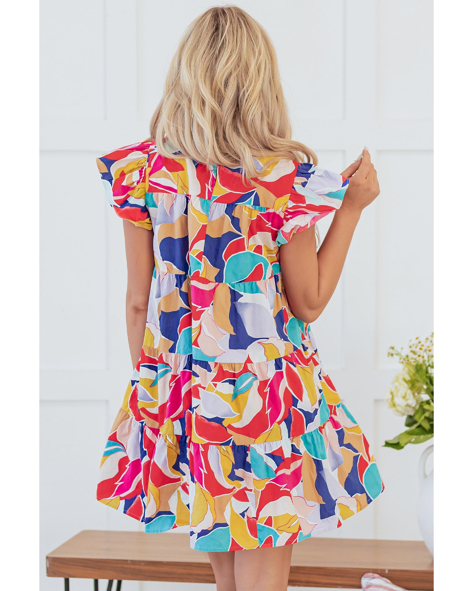 V539-AZEXDC6122466-P1020-L-202506190054-00 Pink Abstract Printed Ruffled Flutter Sleeve Tiered Mini Dress - L - Image 1