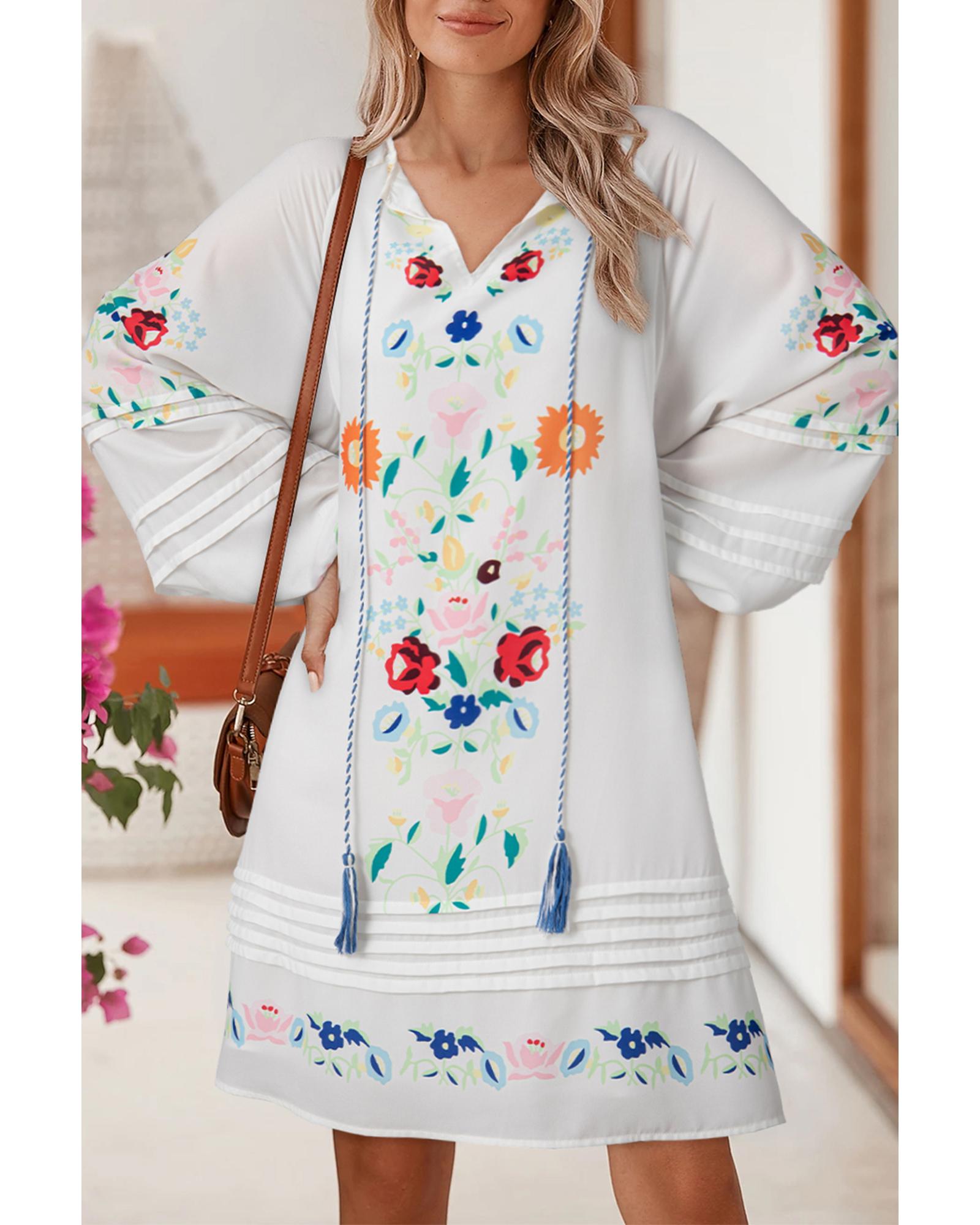 V539-AZEXDC6122517-P1-L-202508310810-00 White Floral Print Boho Tassel Tie Split Neck Tucking Detail Puff Sleeve Mini Dress - L - Image 1