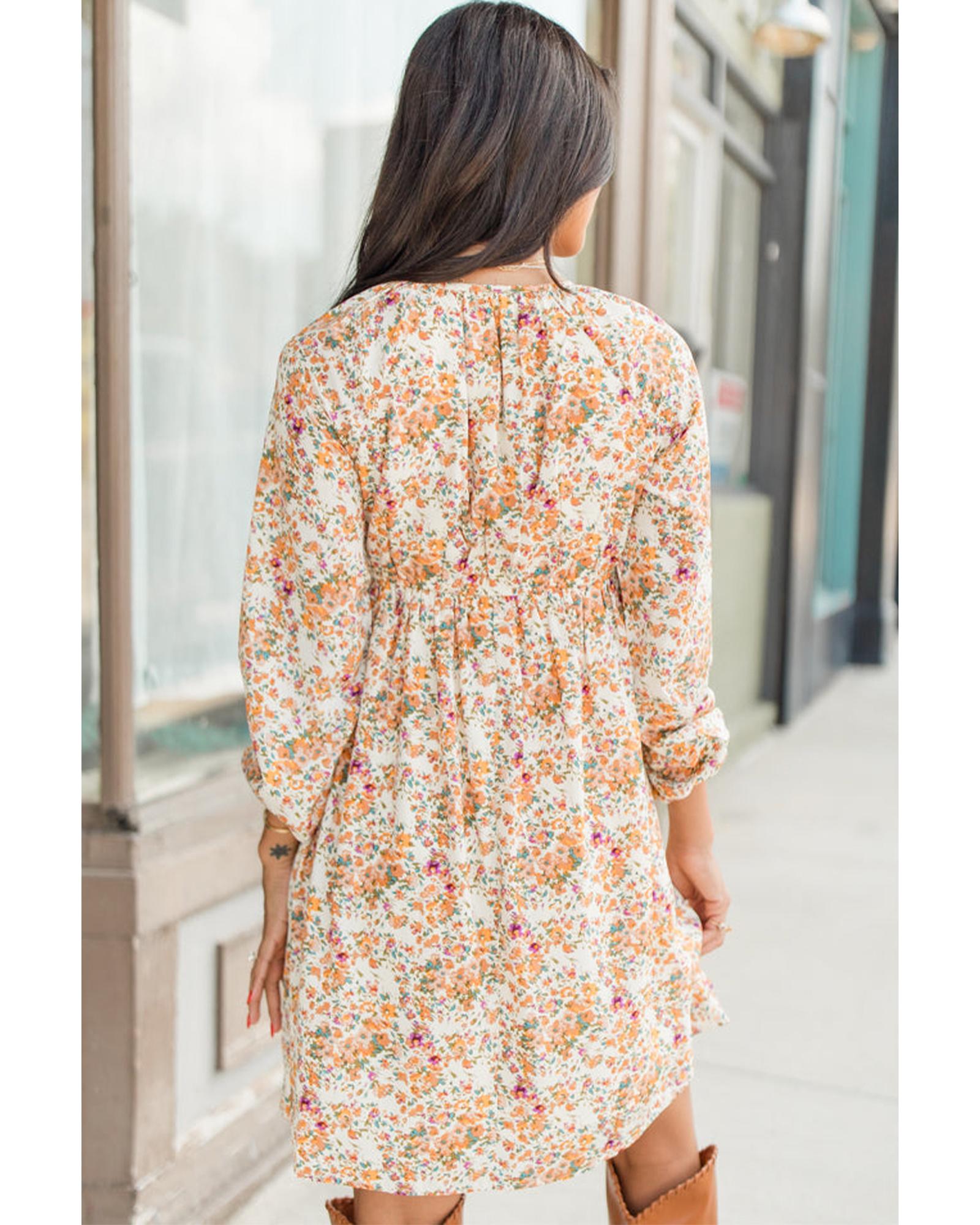 V539-AZEXDC6122539-P720-L-202508311305-00 Yellow Boho Floral V Neck Ruffled Empire Waist Long Sleeve Mini Dress - L - Image 1