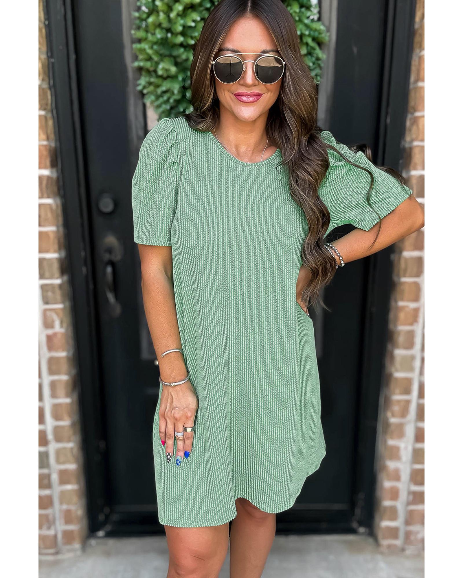V539-AZEXDC6122560-P1009-M-202508311140-00 Mint Green Corded Knit Crew Neck Puff Sleeve Shift Mini Dress - M - Image 1