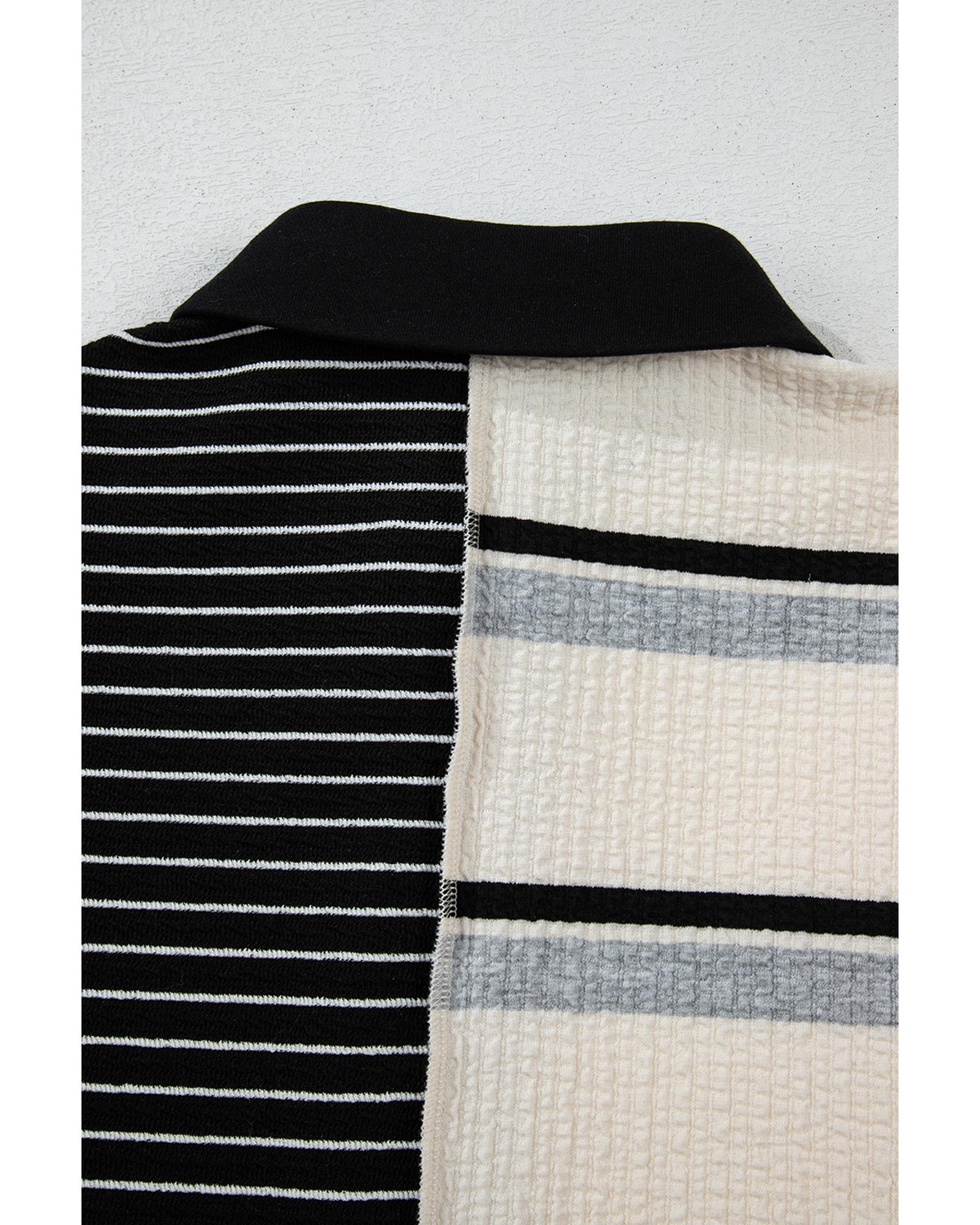 V539-AZEXDC6122577-P219-XL-202508310750-00 Black Stripe Colorblock Knit Henley Collar Shift Long Sleeve Mini Dress - XL - Image 1