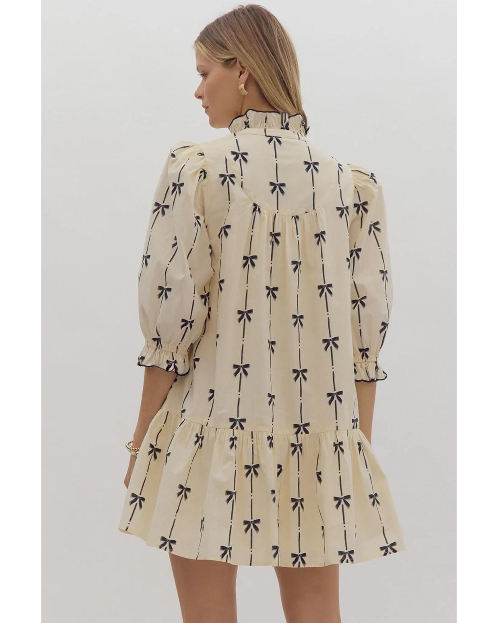 V539-AZEXDC6122693-P1520-L-202508310405-00 Beige Cute Bowknot Printed Bubble Sleeve V Neck Mini Dress - L - Image 1