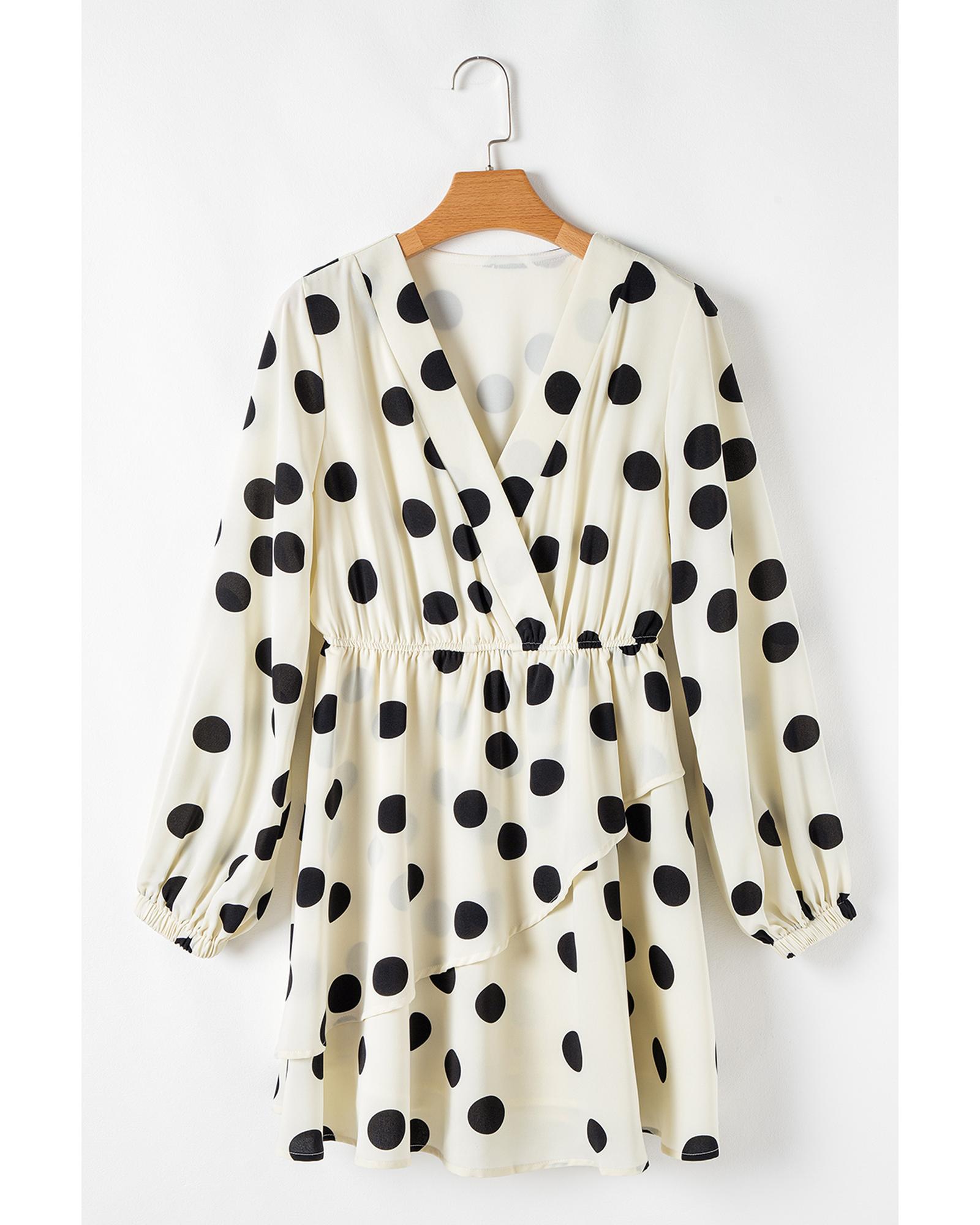 V539-AZEXDC6122746-P15-L-202508311600-00 Beige Polka Dot Printed Surplice V Neck Puff Sleeve Mini Dress - L - Image 1