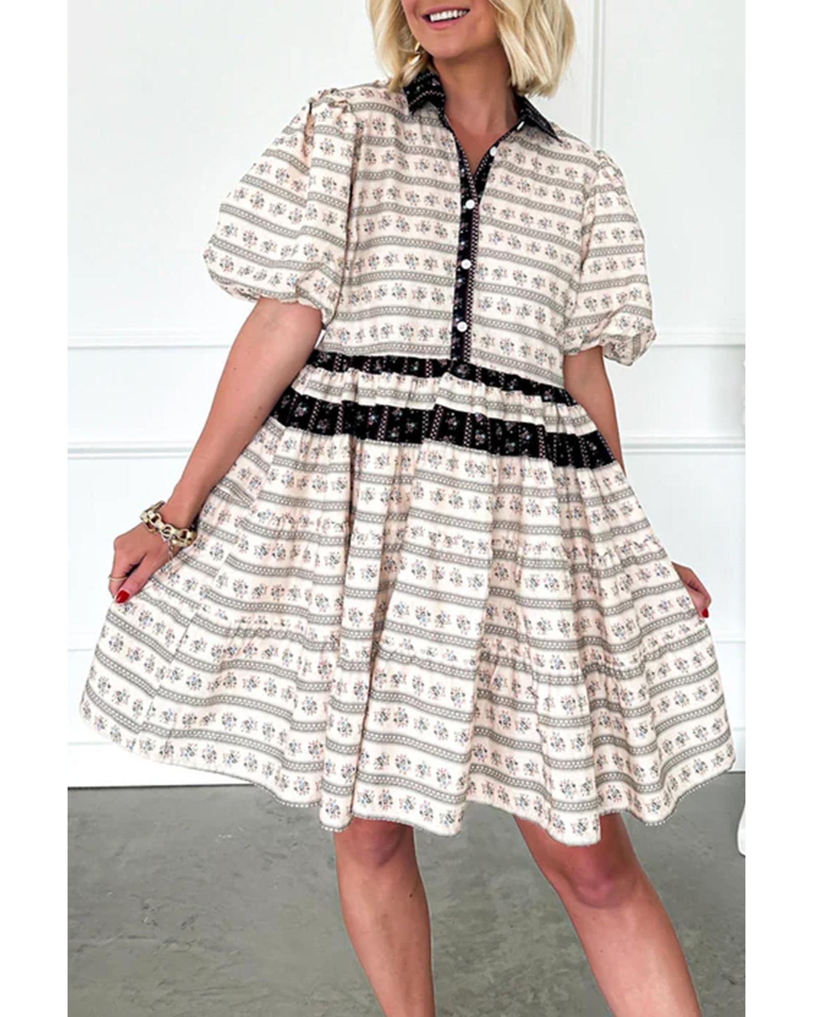 V539-AZEXDC6122812-P220-XL-202508311545-00 Black Boho Floral Striped Contrast Trim Bubble Sleeve Flared Dress - XL - Image 1