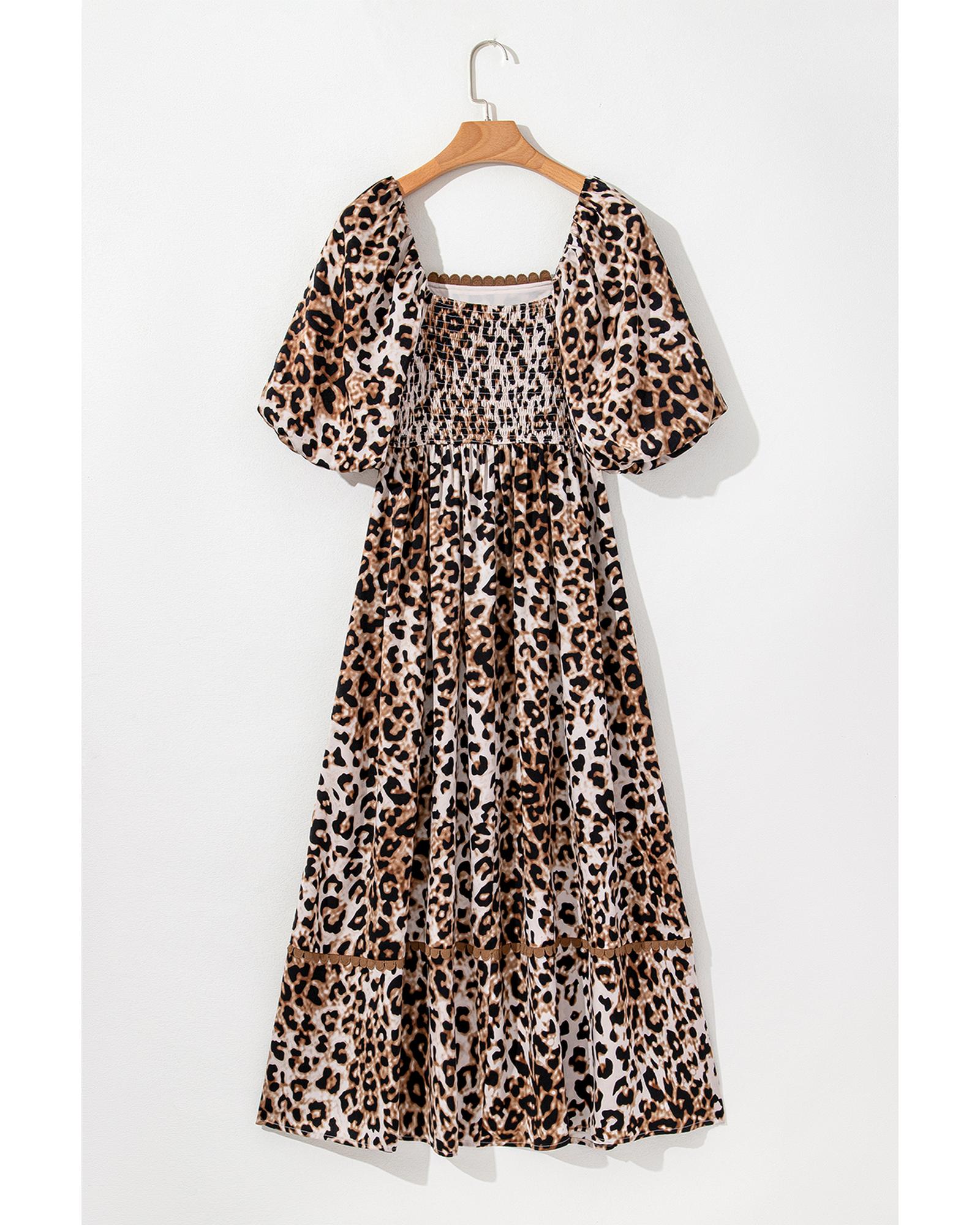 V539-AZEXDC6122827-P1720-XL-202508311350-00 Brown Leopard Print Bubble Sleeve Square Neck Maxi Dress - XL - Image 1
