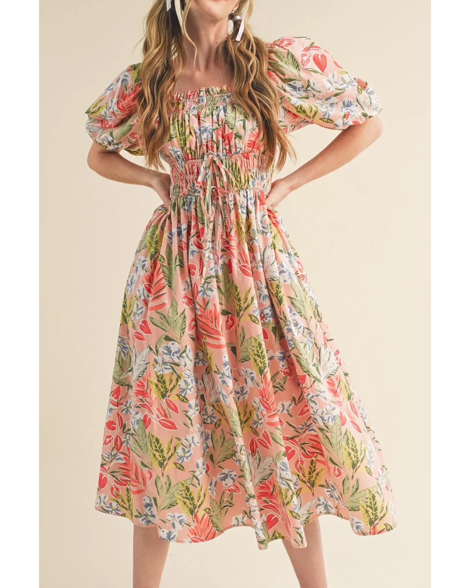 V539-AZEXDC6122853-P2010-L-202508310845-00 Apricot Pink Floral Smocked Bust Bubble Short Sleeve Maxi Dress - L - Image 1