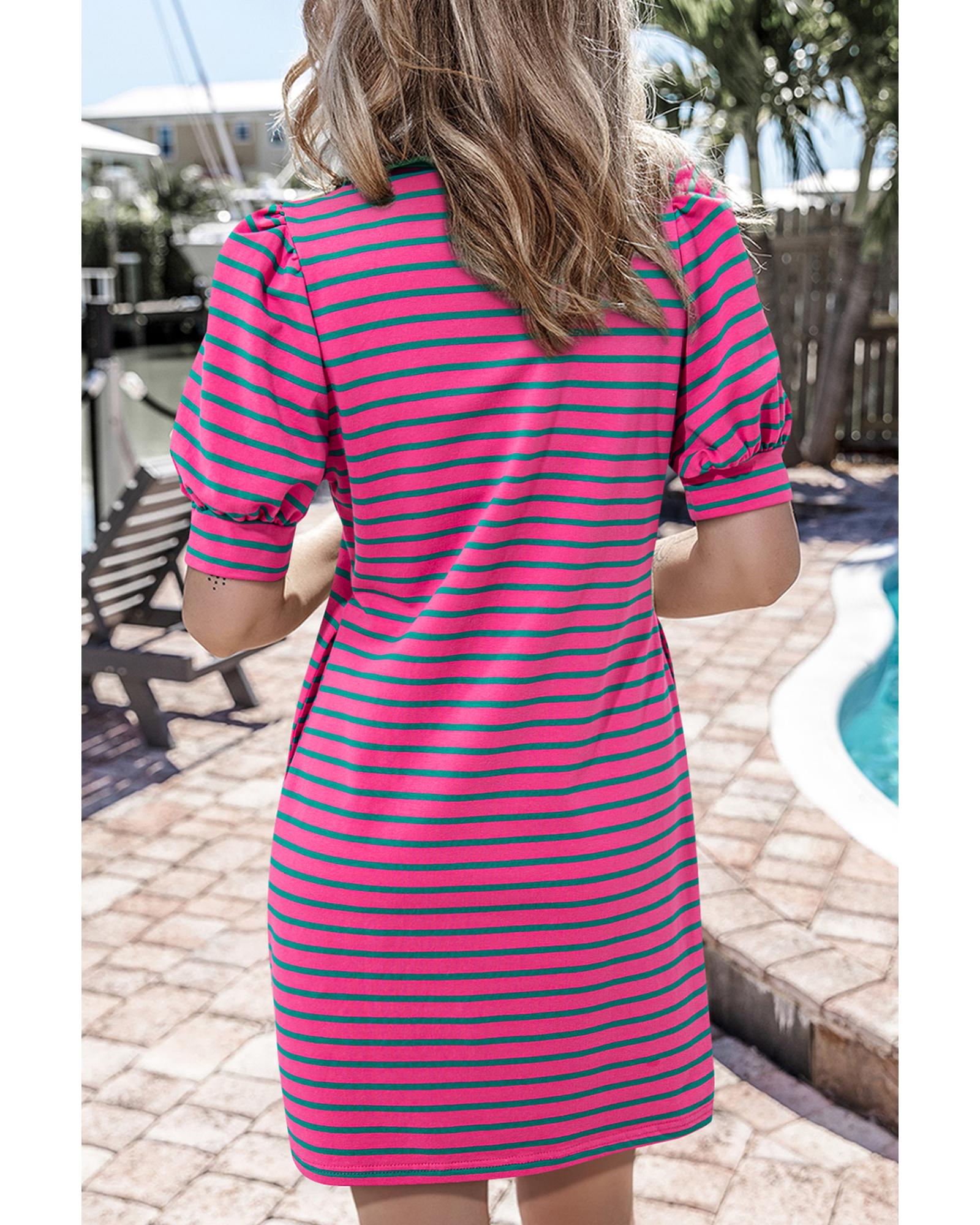 V539-AZEXDC6122856-P1019-M-202508311150-00 Azura Exchange Pink Stripe Collared V Neck Puff Sleeve T Shirt Dress - M - Image 1