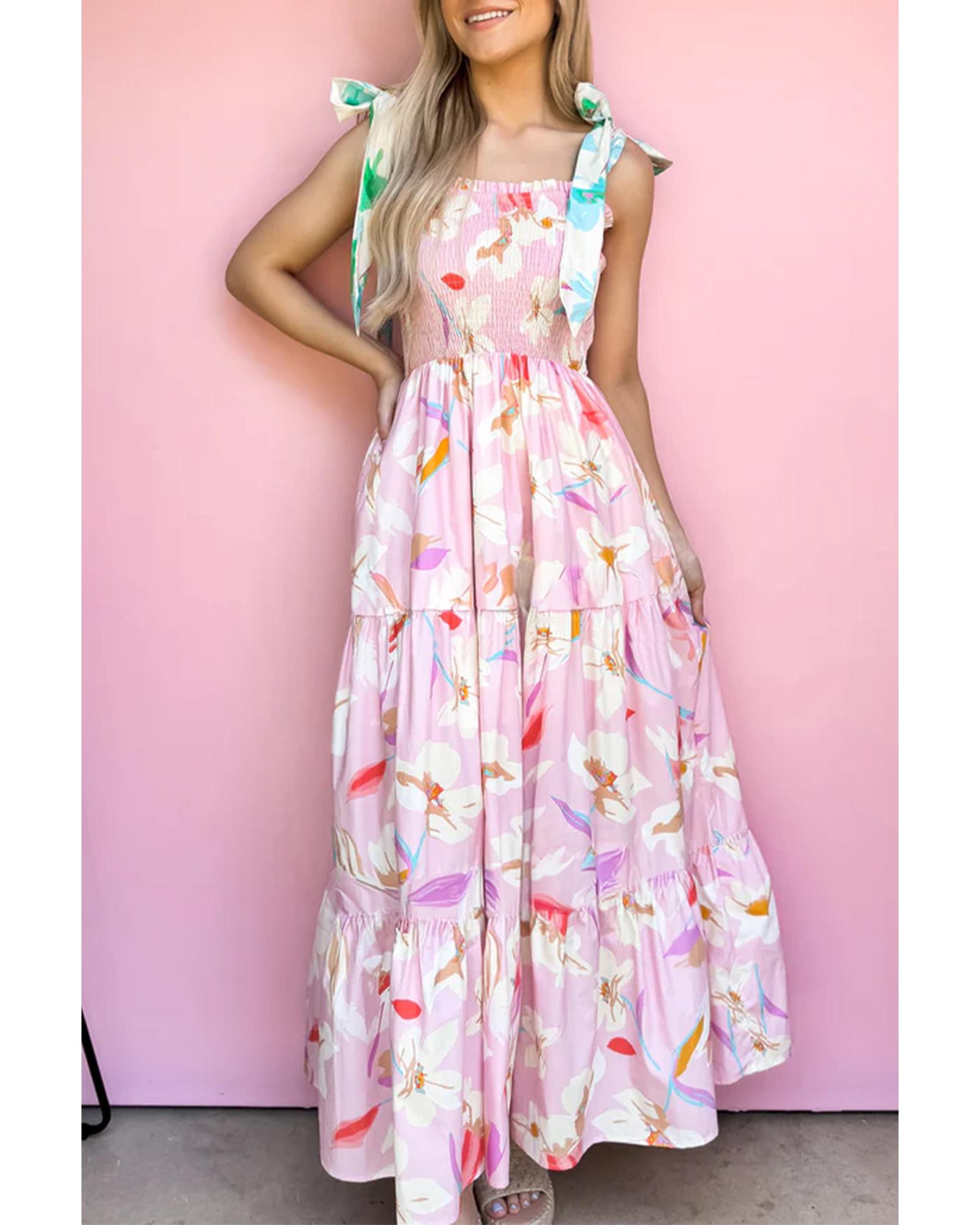 V539-AZEXDC6123015-P1020-XL-202508302105-00 Pink Floral Print Knotted Shoulder Smocked Maxi Dress - XL - Image 1
