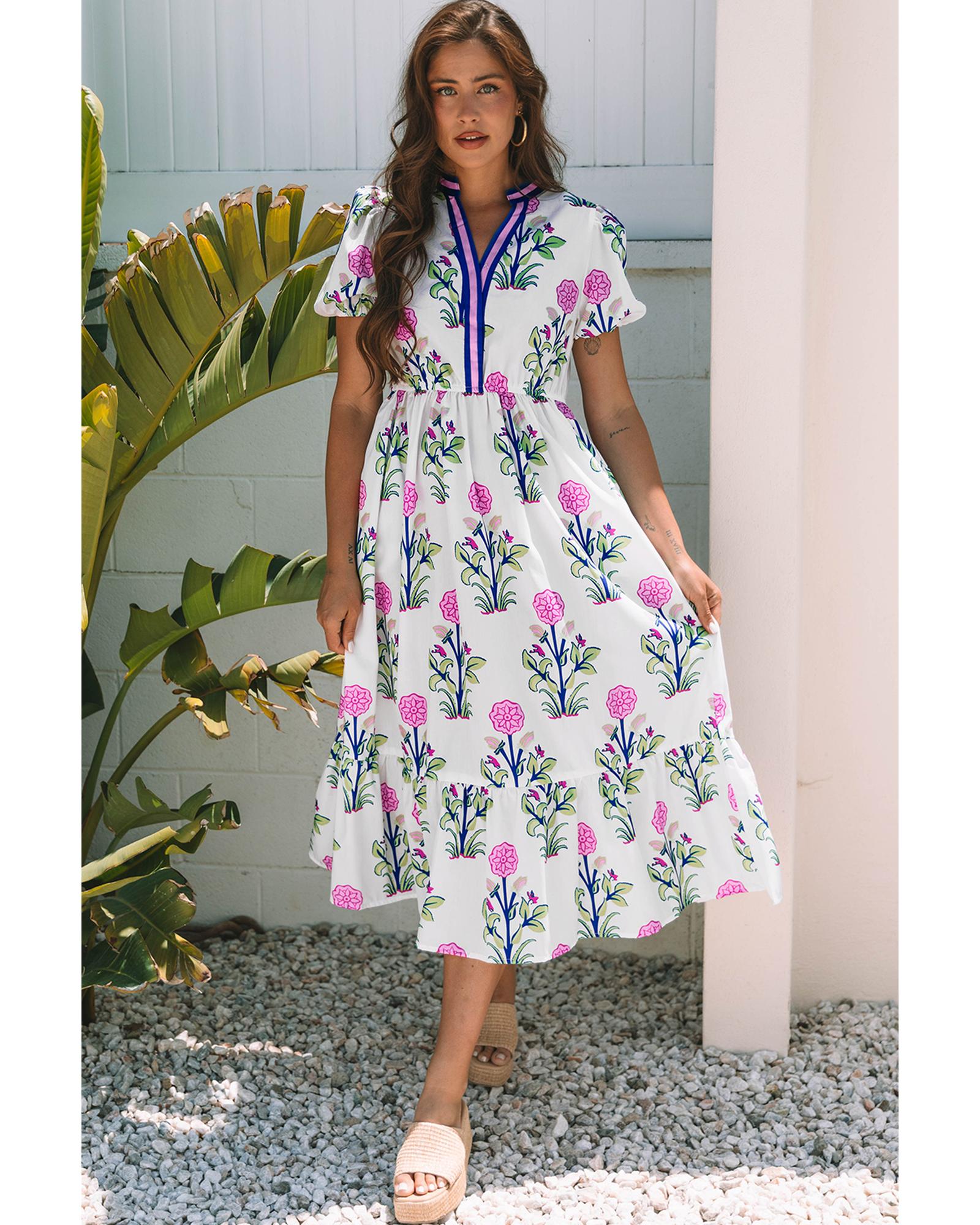 V539-AZEXDC6123188-P120-M-202508302340-00 White Floral Puff Short Sleeve V Neck High Waist Maxi Dress - M - Image 1