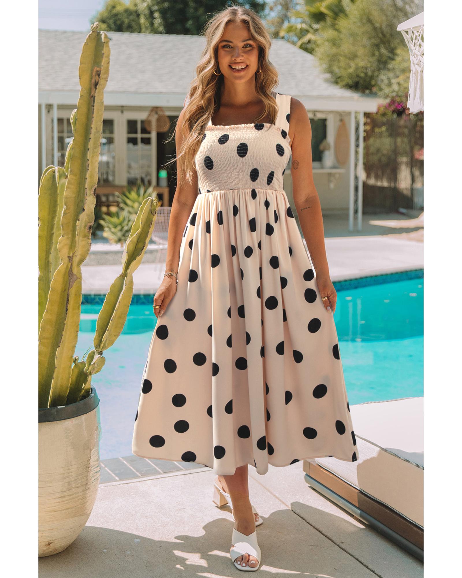 V539-AZEXDC6123221-P1015-L-202506141532-00 Oatmeal Polka Dot Smocked Fit Flared Sleeveless Long Dress - L - Image 1