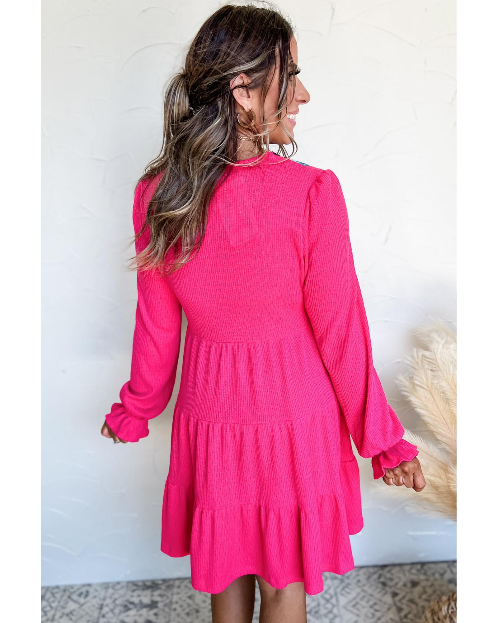 V539-AZEXDC6123268-P6-S-202506141611-00 Rose Red Colorful Crochet V Neck Textured Tiered Ruffled Long Sleeve Mini Dress - S - Image 1