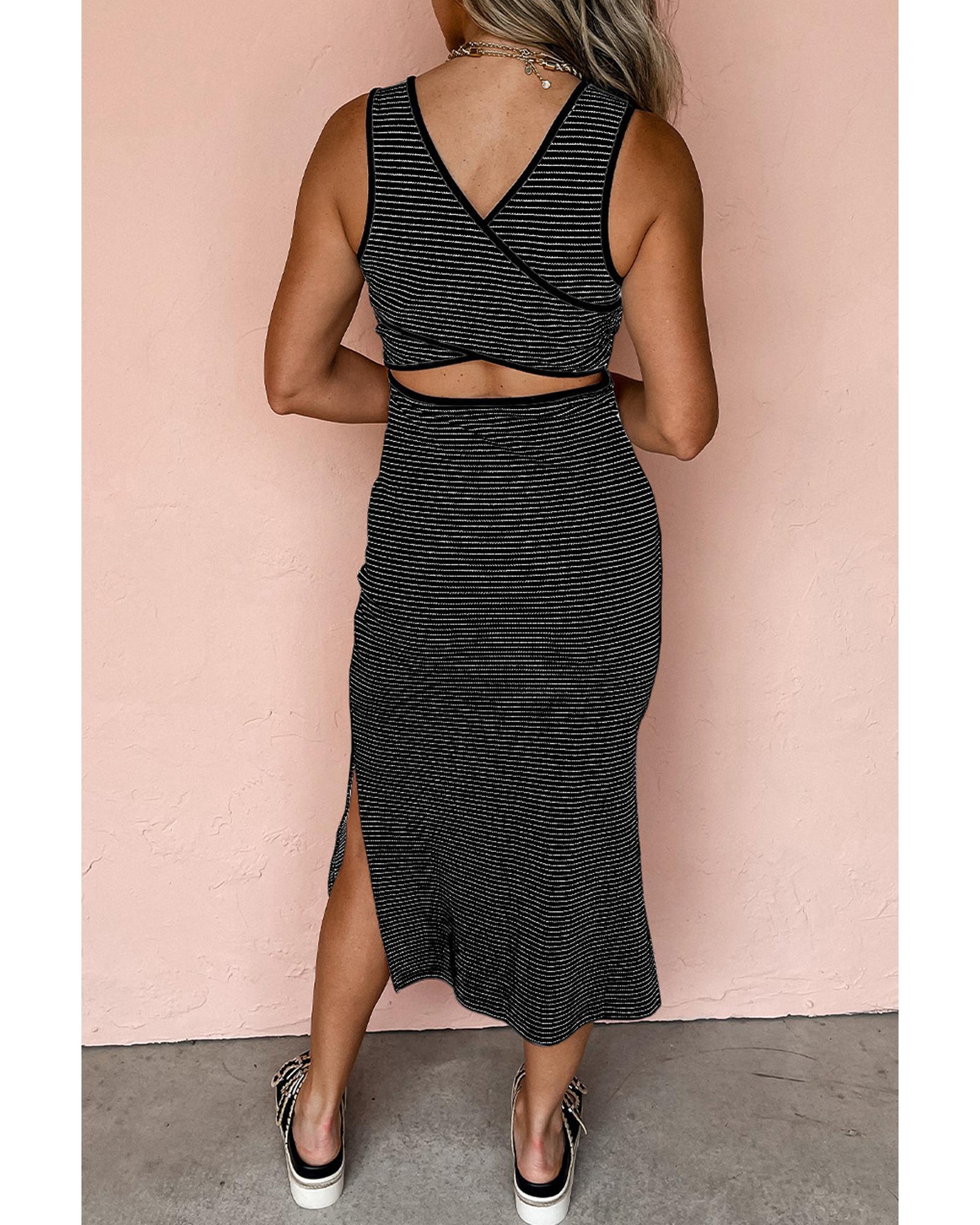 V539-AZEXDC6123349-P219-L-202508300150-00 Black Stripe Criss Cross Side Slits Slim Fit Sleeveless Midi Dress - L - Image 1