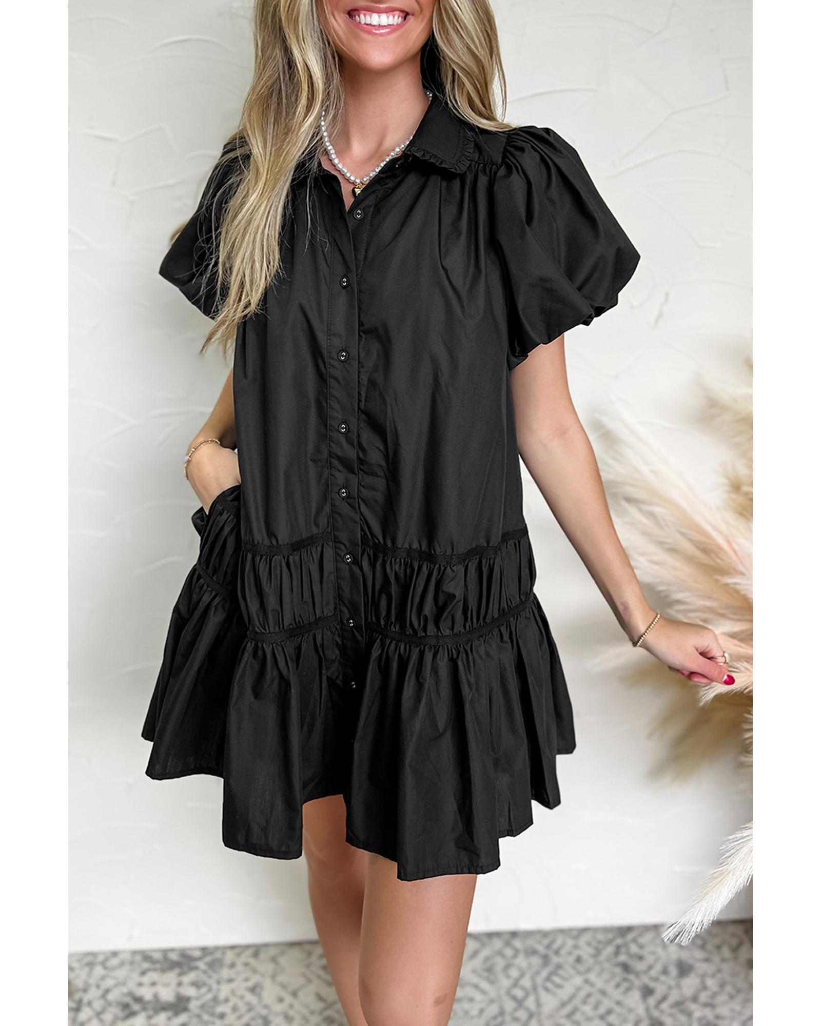V539-AZEXDC6123432-P2-XL-202508280610-00 Black Shirt Style Button Down Puff Sleeve Ruffle Hem Dress - XL - Image 1