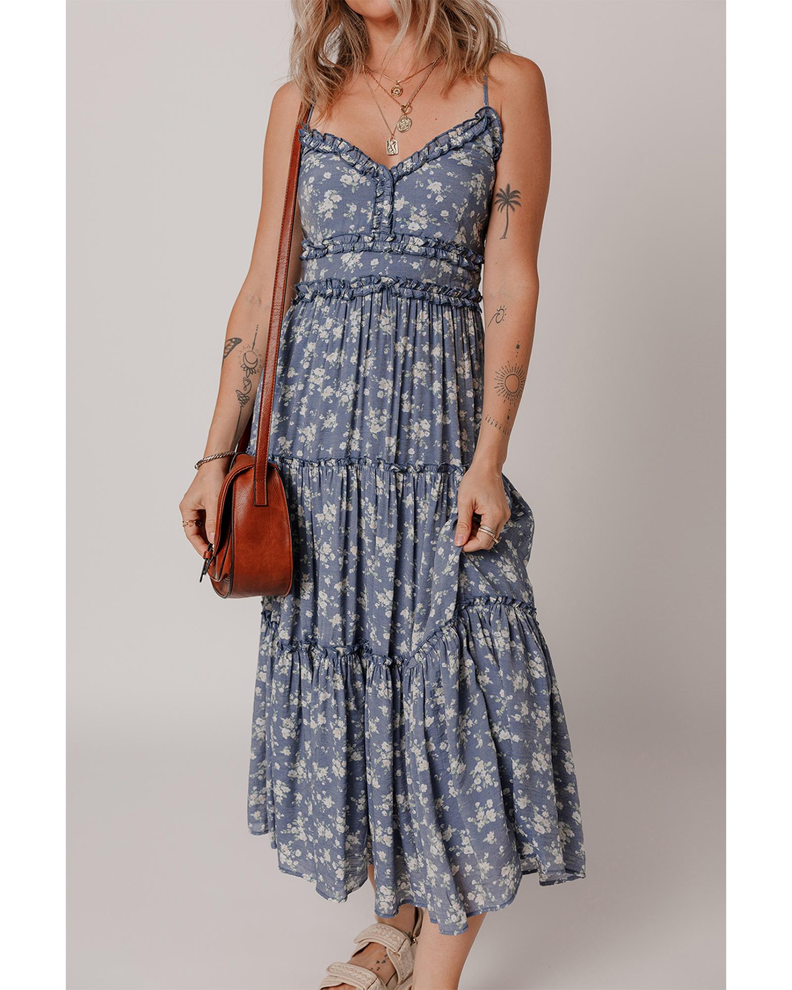 V539-AZEXDC6123506-P520-XL-202508280225-00 Blue Floral Spaghetti Strap Frilled V Neck Tiered Midi Dress - XL - Image 1