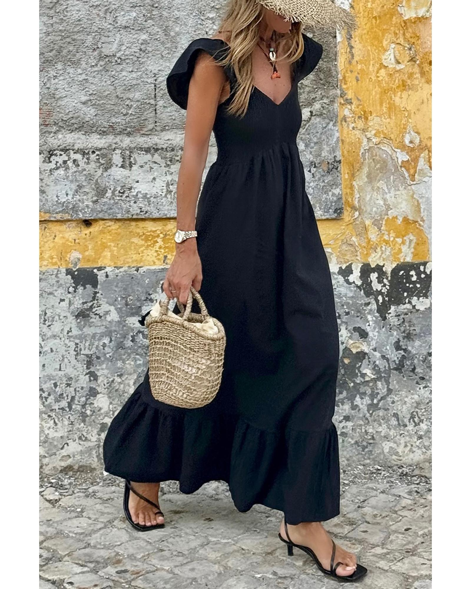 V539-AZEXDC6123564-P2-L-202508280730-00 Black V Neck Flutter Sleeve Smocked Bodice High Waist Ruffle Maxi Dress - L - Image 1