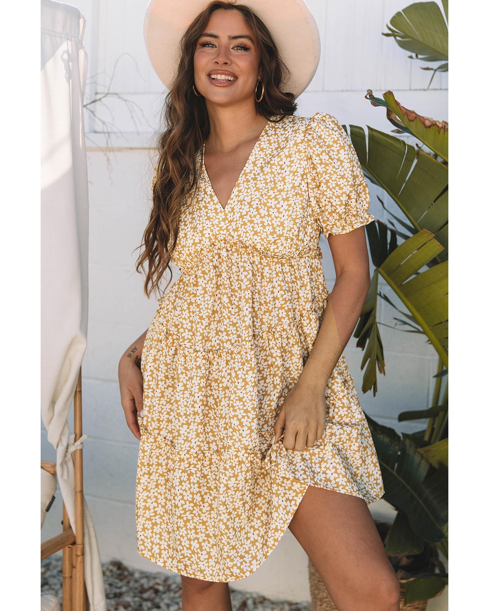 V539-AZEXDC6123658-P720-XL-202508290025-00 Yellow Floral Short Sleeve V Neck Frilly Tiered Mini Dress - XL - Image 1