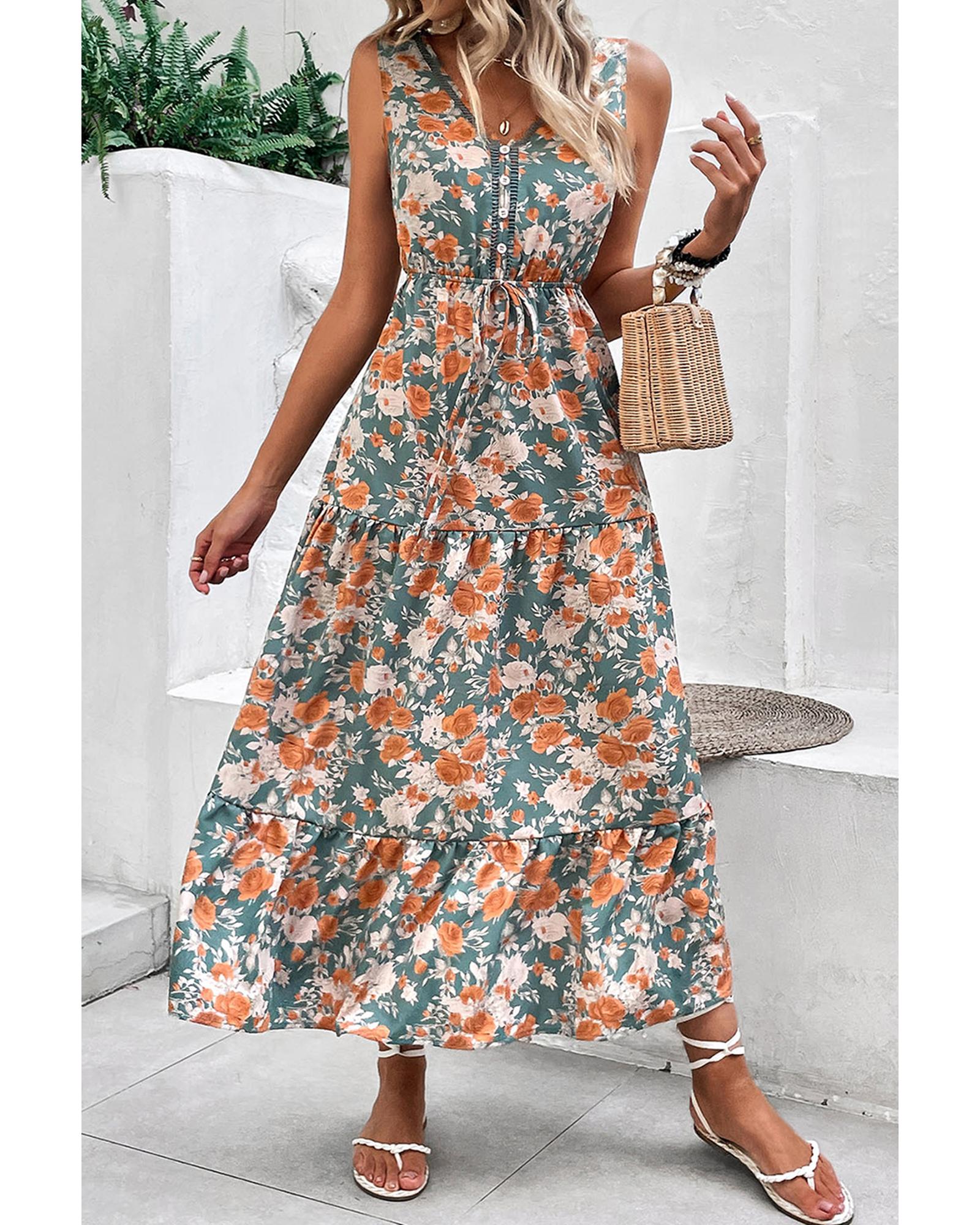 V539-AZEXDC6123821-P920-XL-202508302030-00 Green Floral Print Trimmed V Neck Tie Waist Sleeveless Holiday Long Dress - XL - Image 1