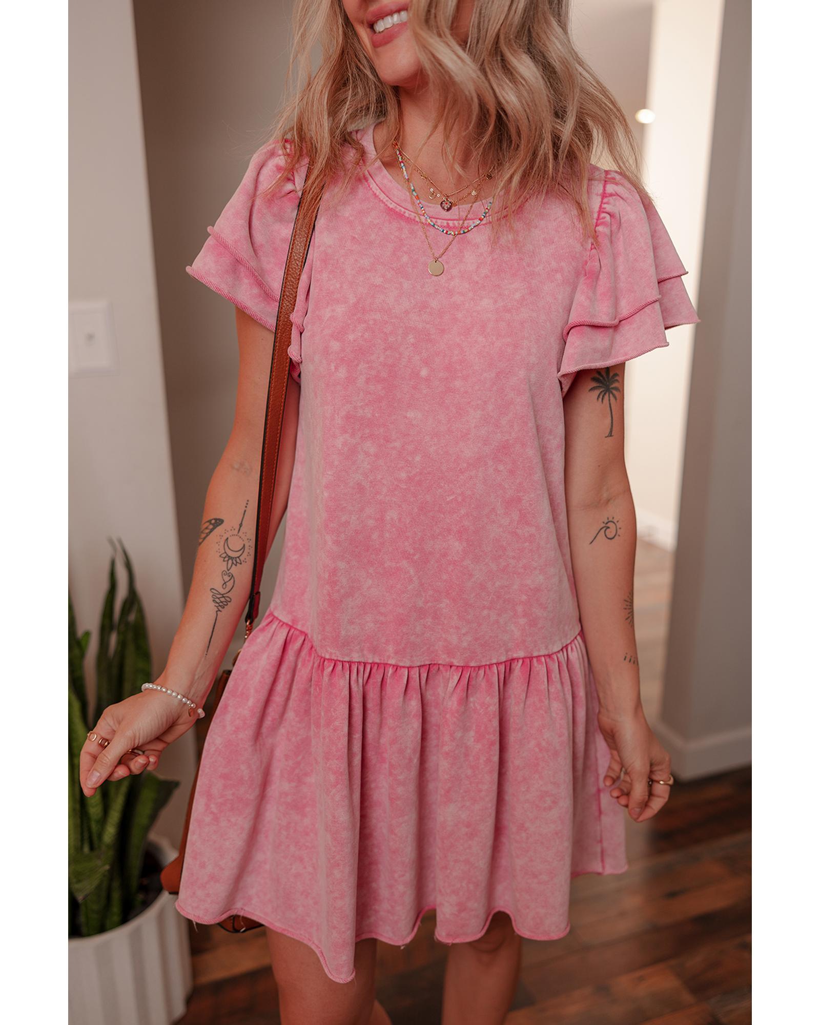 V539-AZEXDC6124021-P406-S-202506141941-00 Sachet Pink Mineral Wash Raw Edge Ruffle Mini Dress - S - Image 1