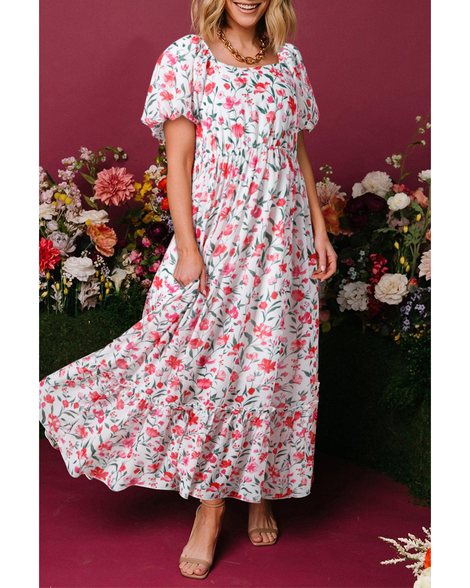 V539-AZEXDC6124210-P1020-S-202506142016-00 Pink Floral Puff Sleeve Square Neck Empire Waist Tiered Maxi Dress - S - Image 1