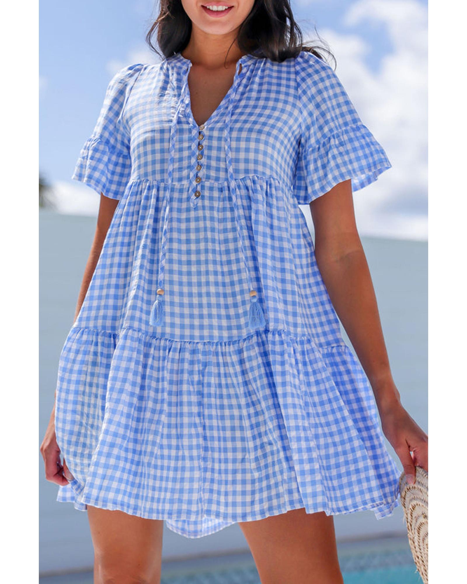 V539-AZEXDC6124249-P420-L-202508310225-00 Sky Blue Gingham Short Sleeve Button Tie Split Neck Loose Mini Dress - L - Image 1