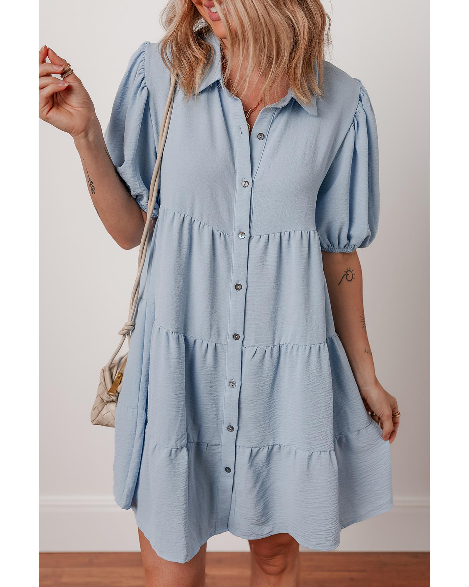 V539-AZEXDC6124362-P804-M-202508301945-00 Beau Blue Shirt Collar Button Up Short Puff Sleeve Tiered Shift Dress - M - Image 1
