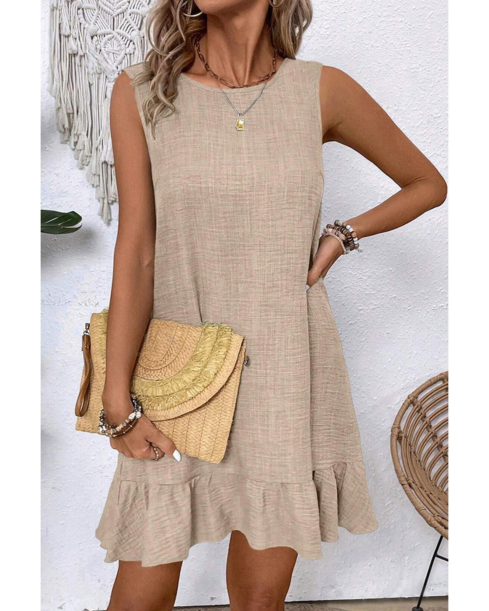V539-AZEXDC6124610-P7016-XL-202508280135-00 Smoke Gray Knot Scoop Back Ruffle Hem Sleeveless Mini Dress - XL - Image 1