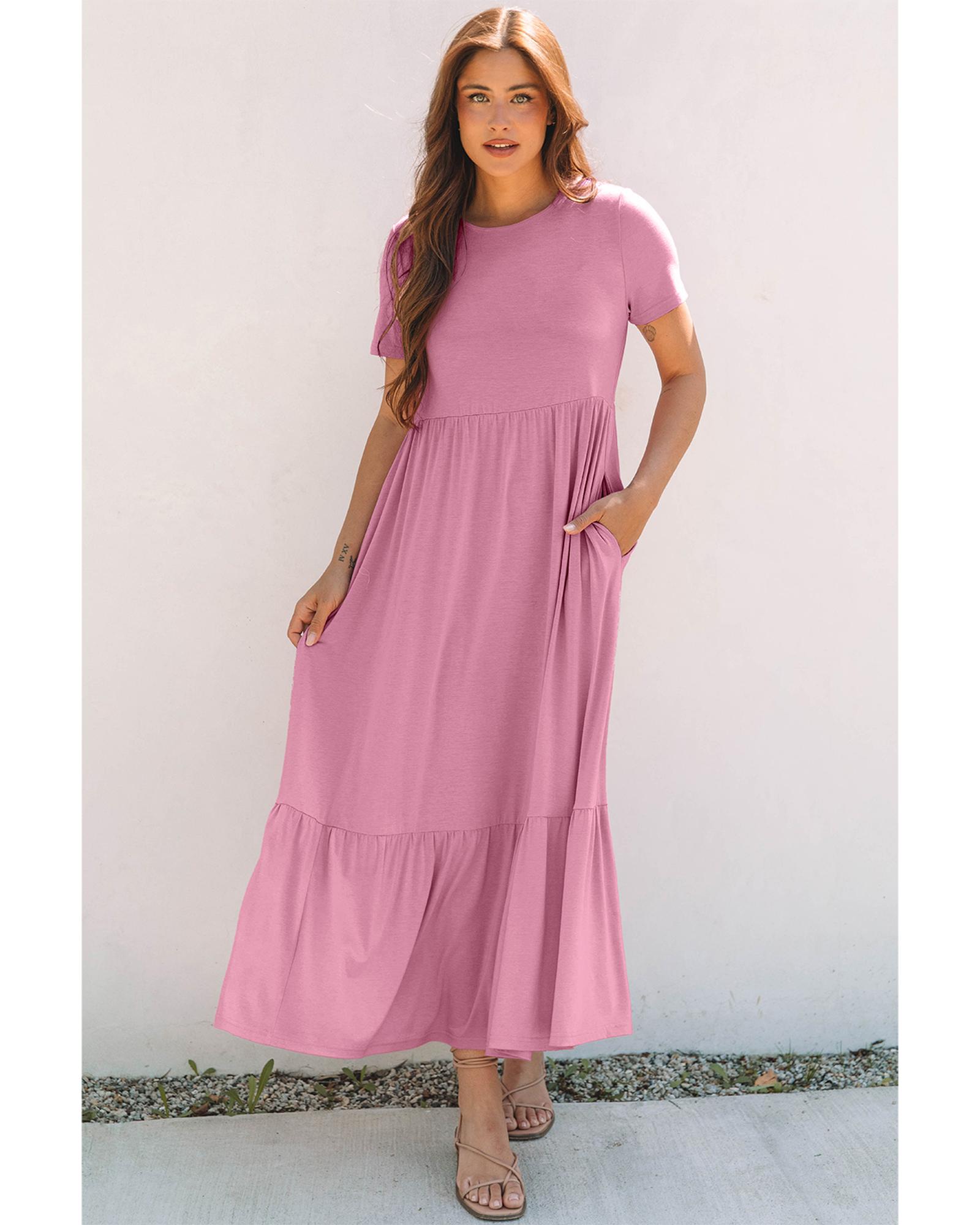 V539-AZEXDC6124794-P10-S-202506191827-00 Pink Solid Color T-shirt High Waist Pocketed Long Dress - S - Image 1