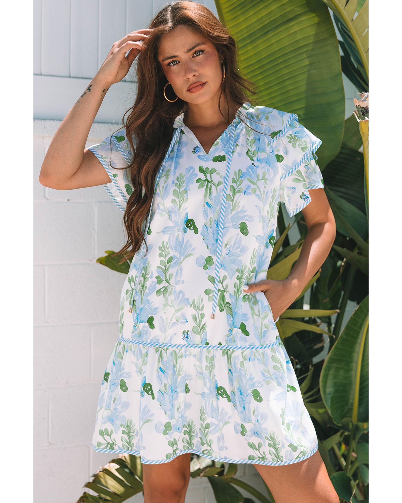 V539-AZEXDC6124822-P420-M-202508281610-00 Sky Blue Floral Contrast Edge Layered Short Sleeve Mini Dress - M - Image 1