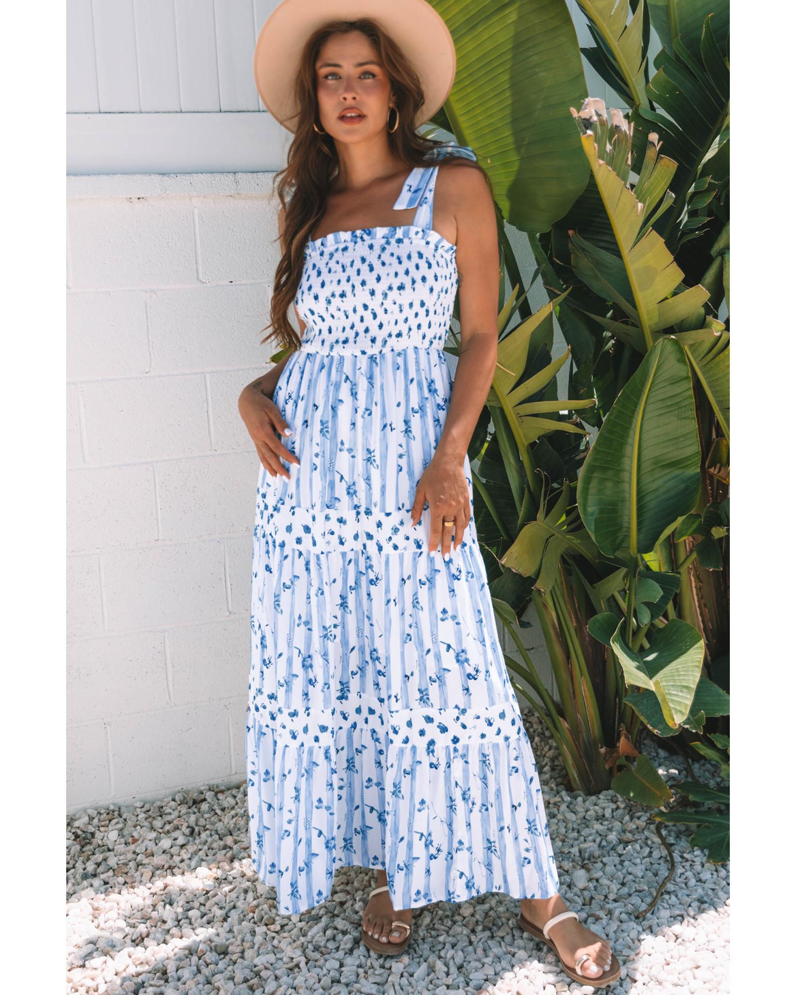 V539-AZEXDC6124886-P420-L-202508290055-00 Sky Blue Floral Smocked Tied Straps A-Lined Tiered Maxi Dress - L - Image 1
