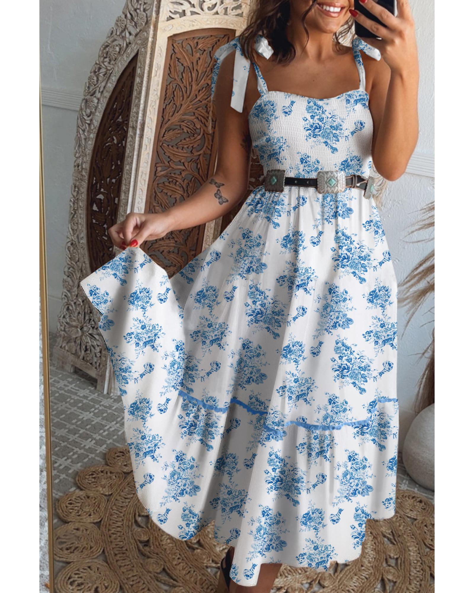 V539-AZEXDC6124931-P420-M-202508300125-00 Sky Blue Floral Print Shirred Knot Shoulder Sleeveless Long Dress - M - Image 1