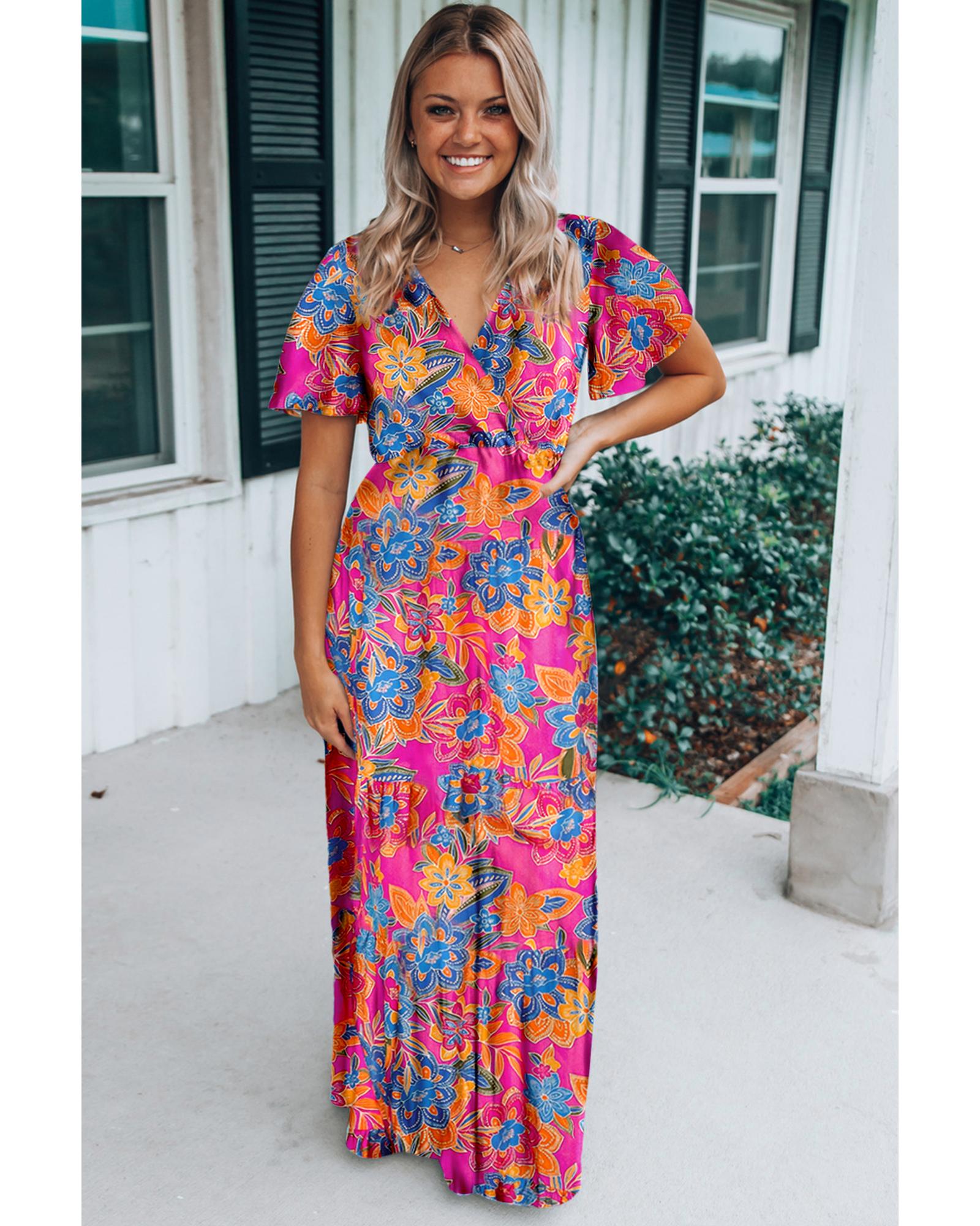 V539-AZEXDC619636-P620-M-202508280910-00 Rose Wrap V Neck Floral Maxi Dress - M - Image 1