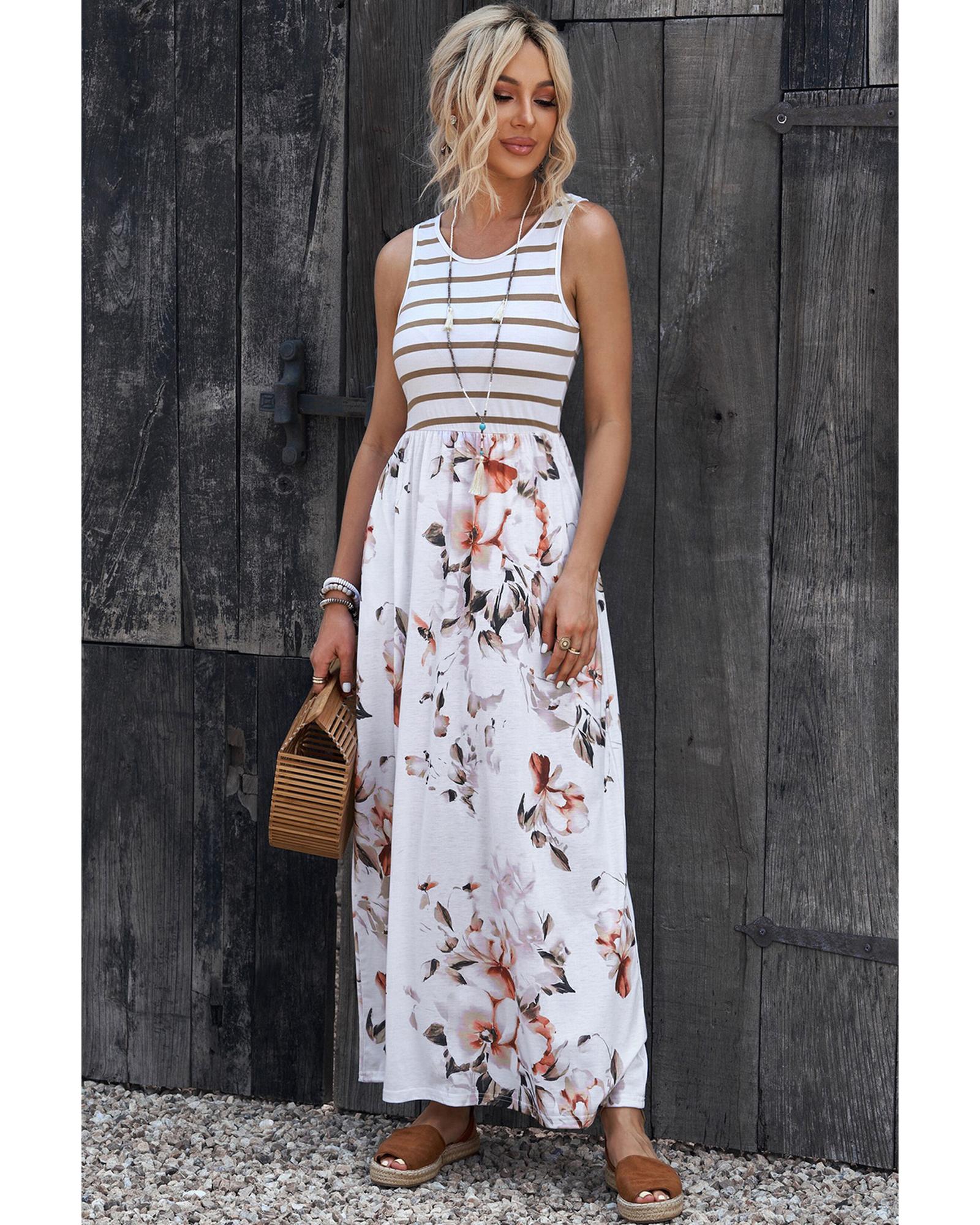 V539-AZEXDC619679-1-L-202508281440-00 Azura Exchange White Striped Floral Print Sleeveless Maxi Dress with Pocket - L - Image 1