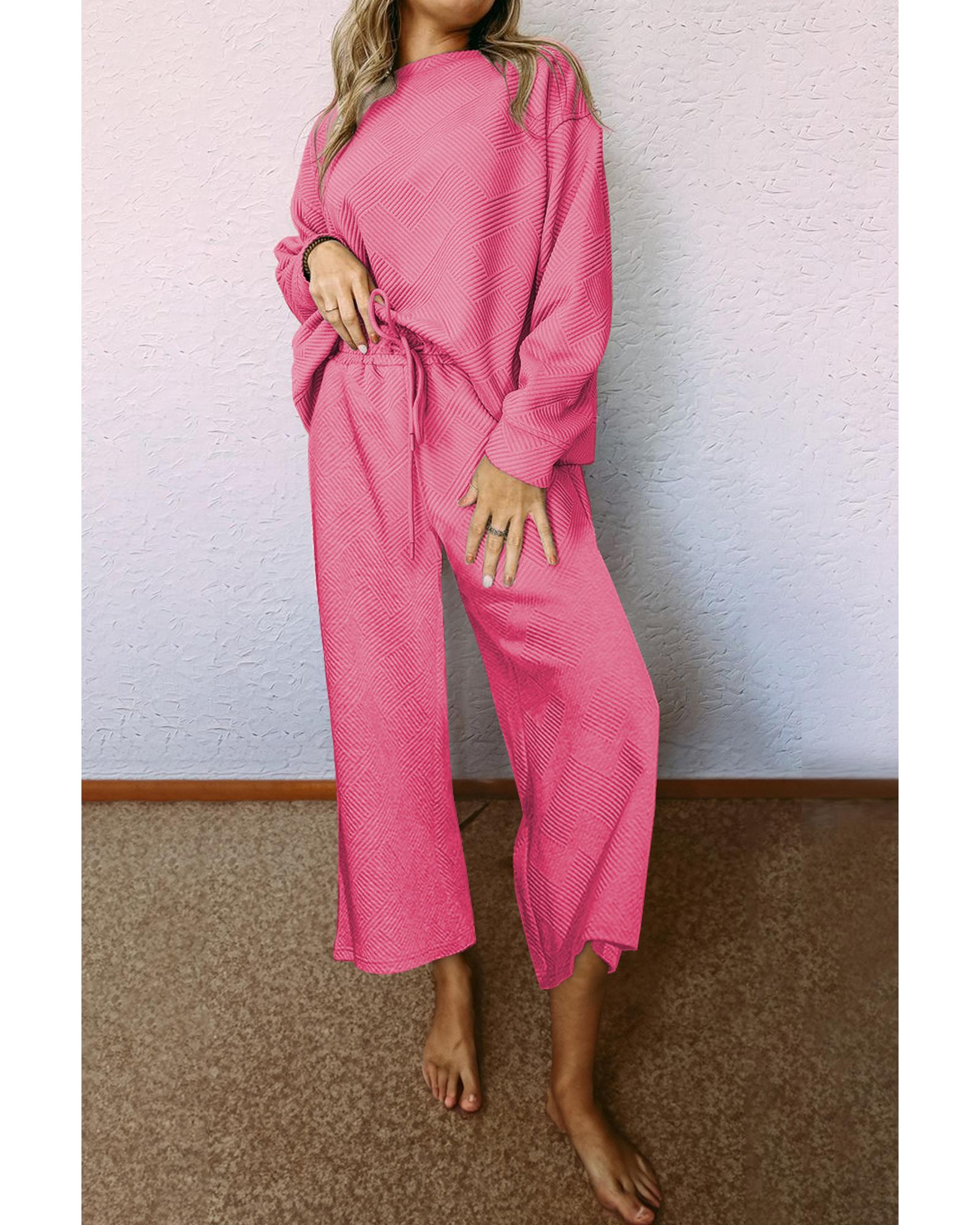 V539-AZEXDC625266-P306-S-202506142246-00 Strawberry Pink Ultra Loose Textured 2pcs Slouchy Outfit - S - Image 1