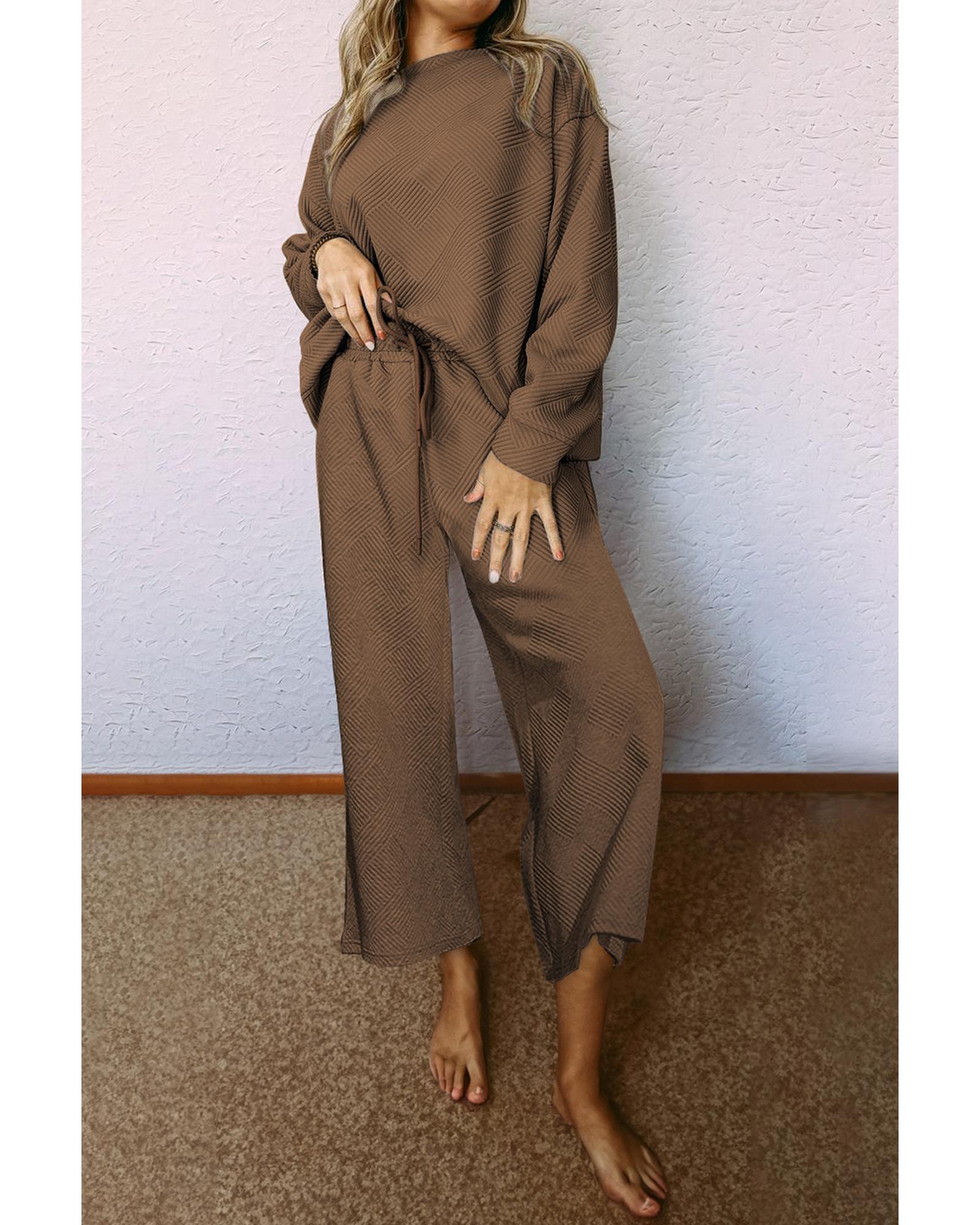 V539-AZEXDC625266-P5017-L-202508301150-00 Dark Brown Ultra Loose Textured 2pcs Slouchy Outfit - L - Image 1