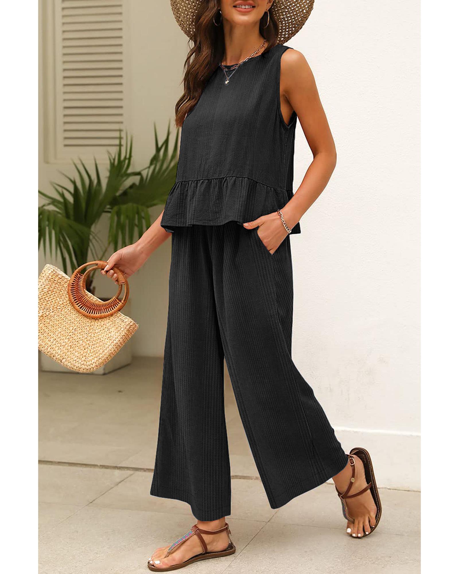 V539-AZEXDC625498-P2-XL-202508302215-00 Black Solid Color Ribbed Ruffle Tank Top and Pants Set - XL - Image 1