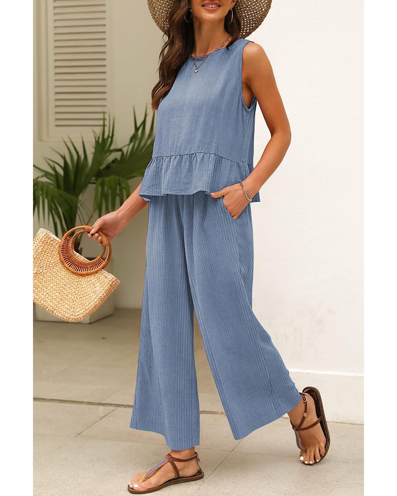 V539-AZEXDC625498-P804-L-202508310105-00 Beau Blue Solid Color Ribbed Ruffle Tank Top and Pants Set - L - Image 1