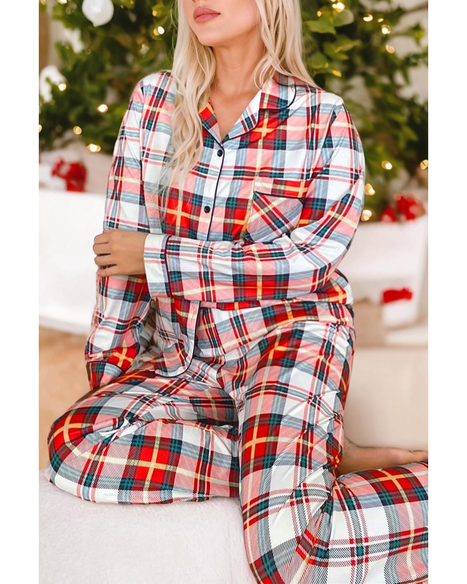 V539-AZEXDC625510-P320-S-202506142031-00 Red Christmas Plaid Print Two Piece Long Sleeve Pajamas Set - S - Image 1