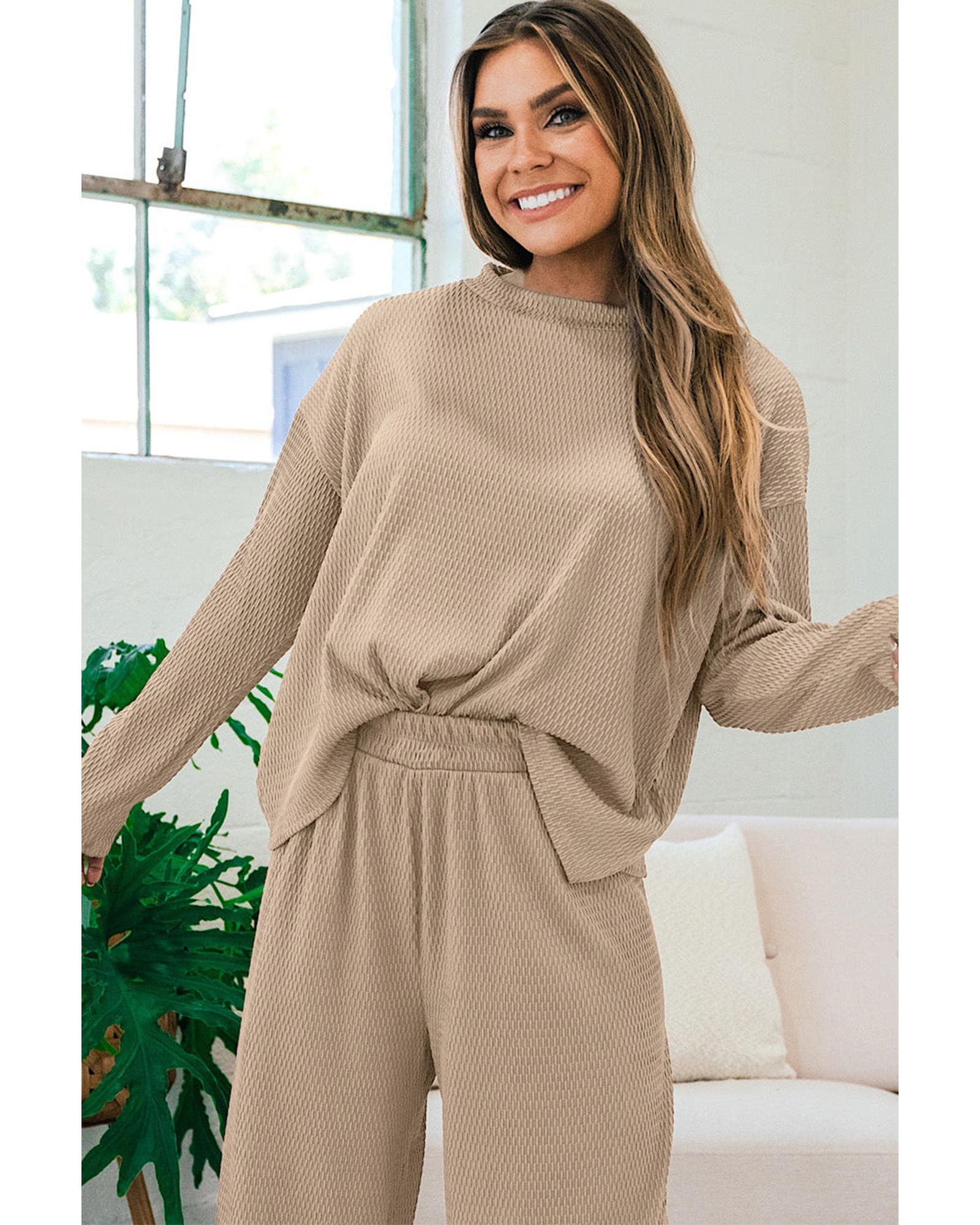 V539-AZEXDC625552-P7016-M-202508280510-00 Smoke Gray Loose Textured Pullover and Pants Outfit - M - Image 1