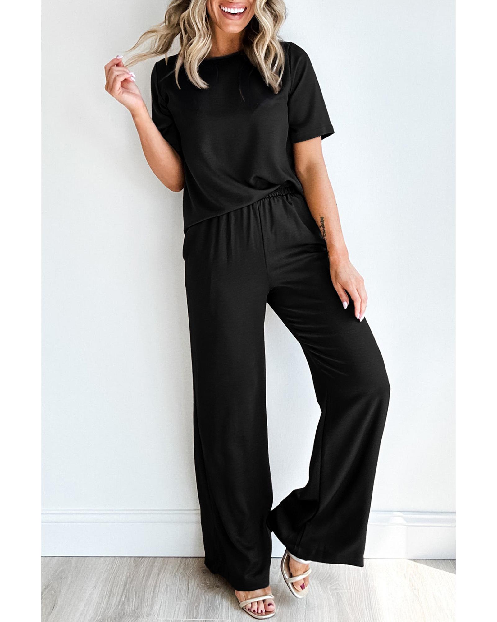 V539-AZEXDC625630-P2-M-202508290105-00 Black Solid Color T Shirt 2pcs Wide Leg Pants Set - M - Image 1