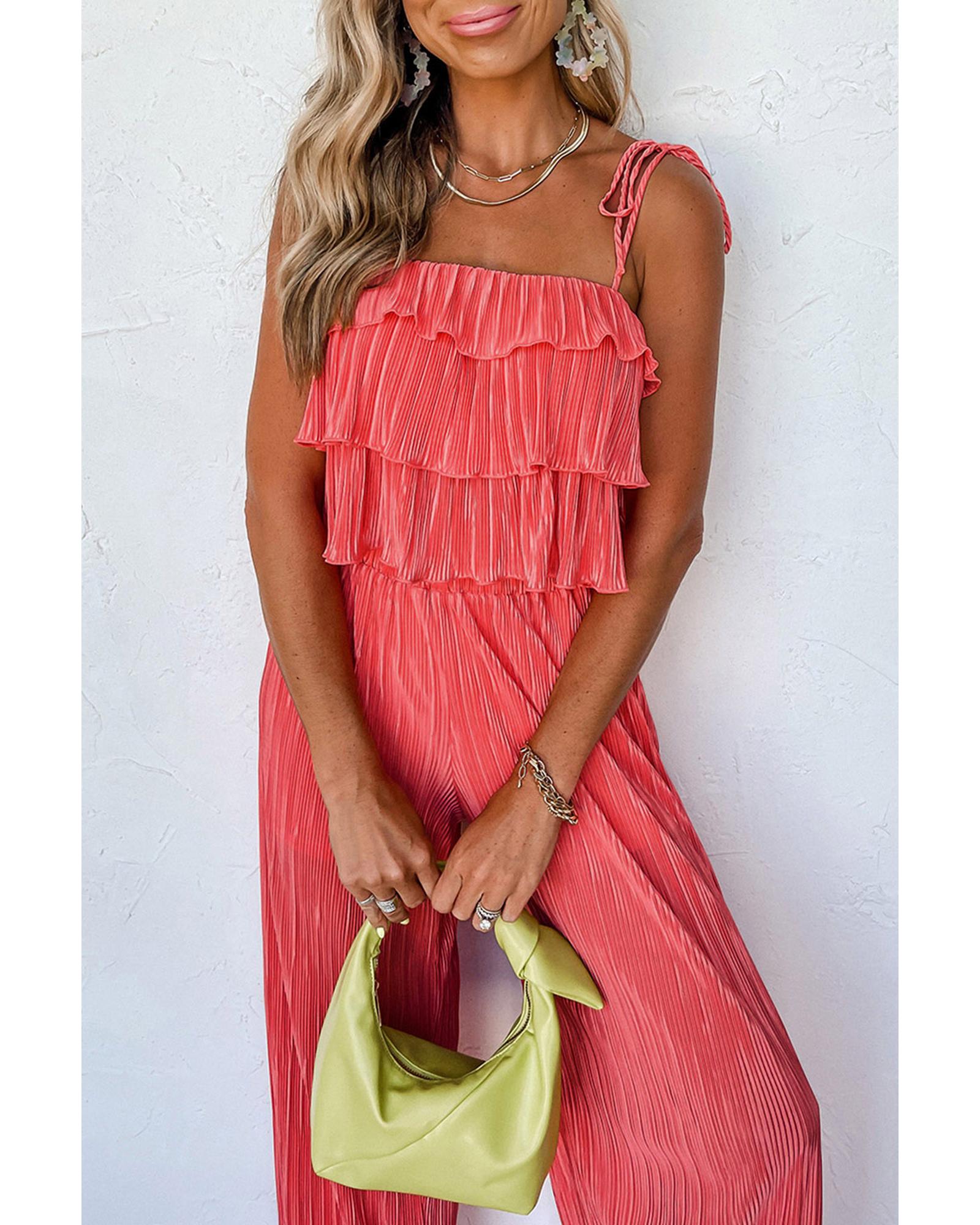 V539-AZEXDC625652-P6010-XL-202508300135-00 Pale Chestnut Ruffle Tiered Cami Pleated Wide Leg Pants Set - XL - Image 1