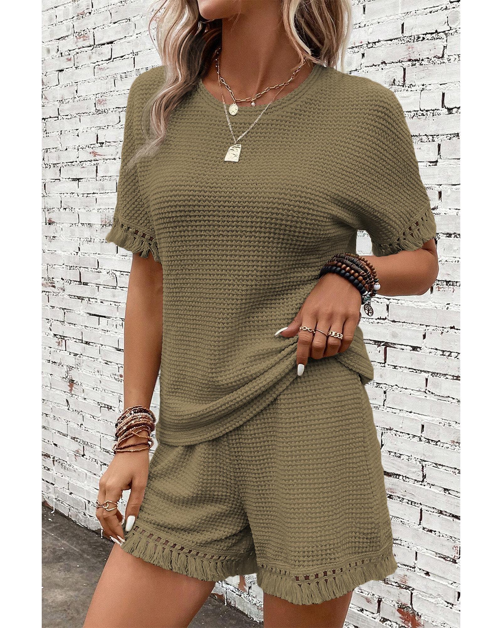 V539-AZEXDC625731-P1209-S-202506142135-00 Laurel Green Fringe Trim Textured Short Two Piece Set - S - Image 1