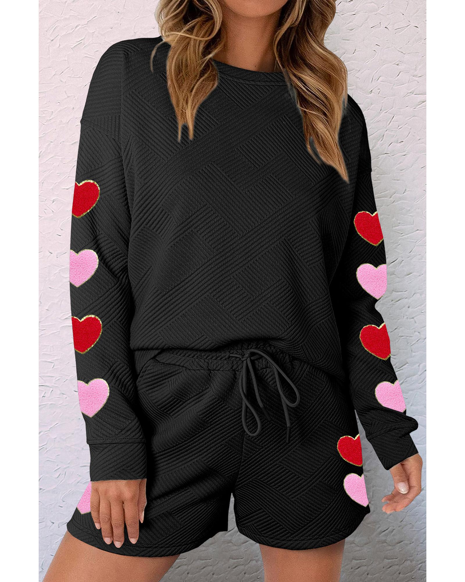 V539-AZEXDC625823-2-XL-202508281055-00 Black Heart Patch Long Sleeve Top and Shorts Textured 2pcs Set - XL - Image 1