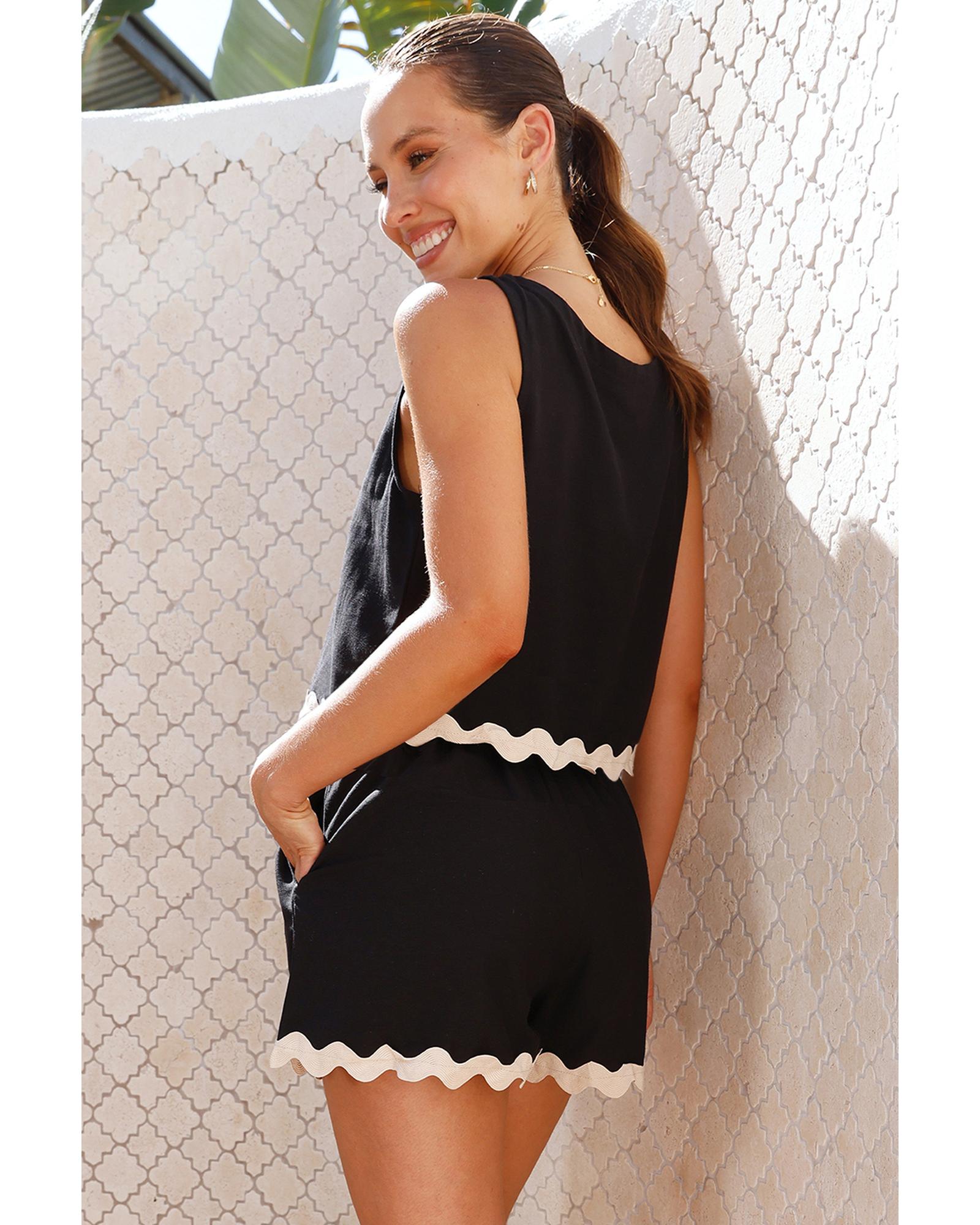 V539-AZEXDC625920-P2-XL-202508291645-00 Black Ricrac Trim Tank Top Elastic Waist Shorts Set - XL - Image 1