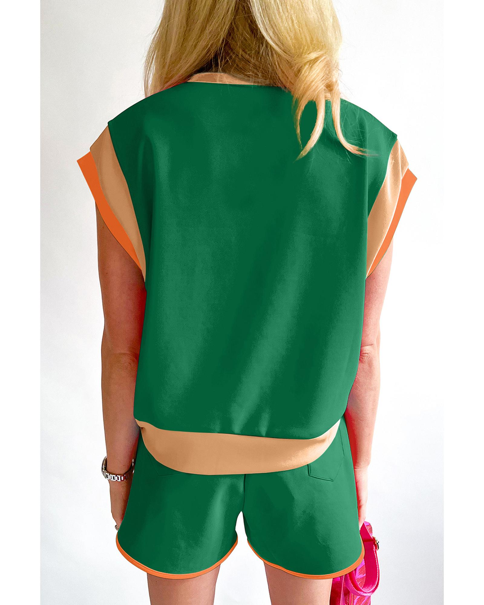 V539-AZEXDC626037-P209-M-202506142252-00 Dark Green Contrast Trim Cap Sleeve Tee Shorts Set - M - Image 1