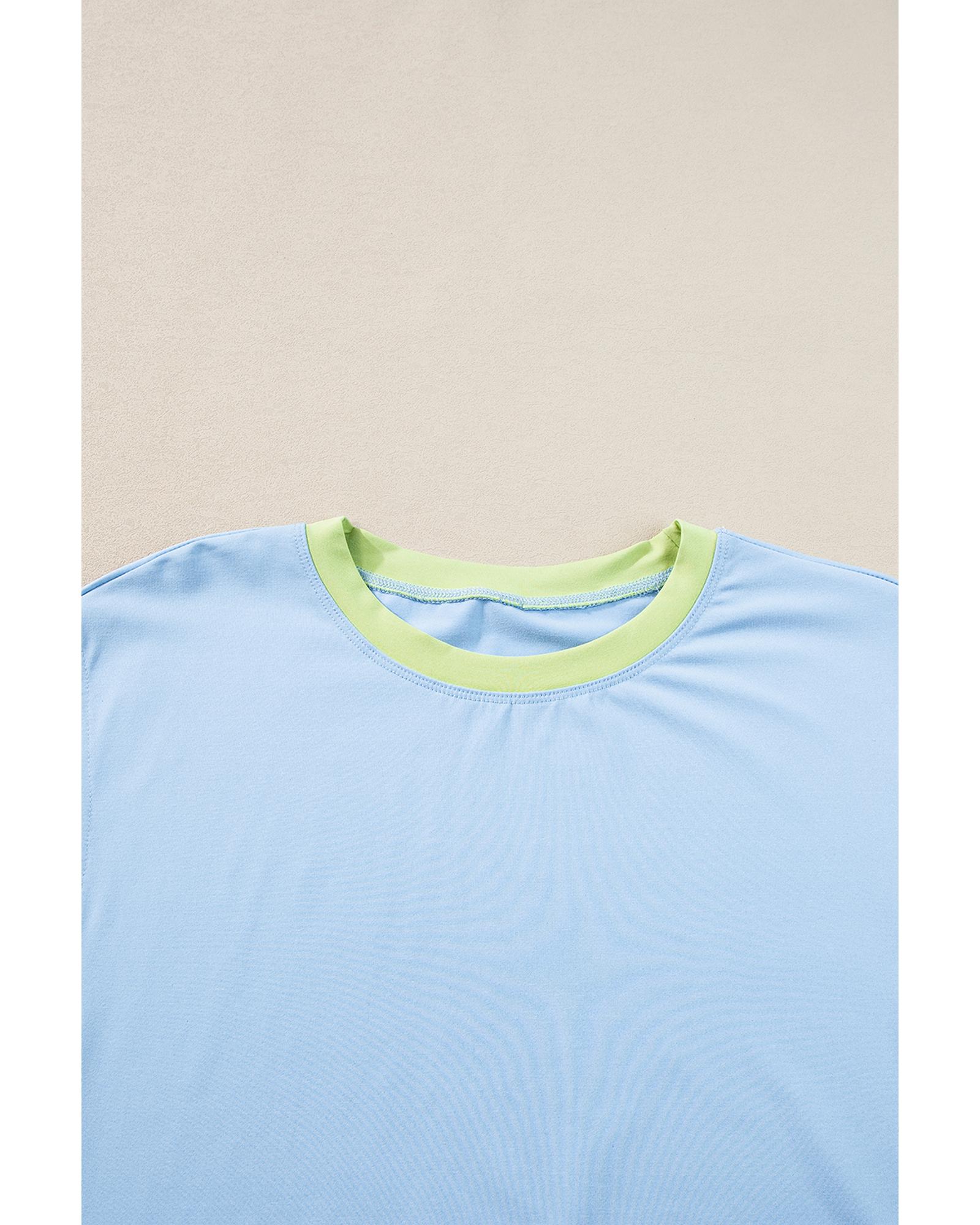 V539-AZEXDC626037-P305-2XL-202506142253-00 Blue Contrast Trim Cap Sleeve Tee Shorts Set - 2XL - Image 1