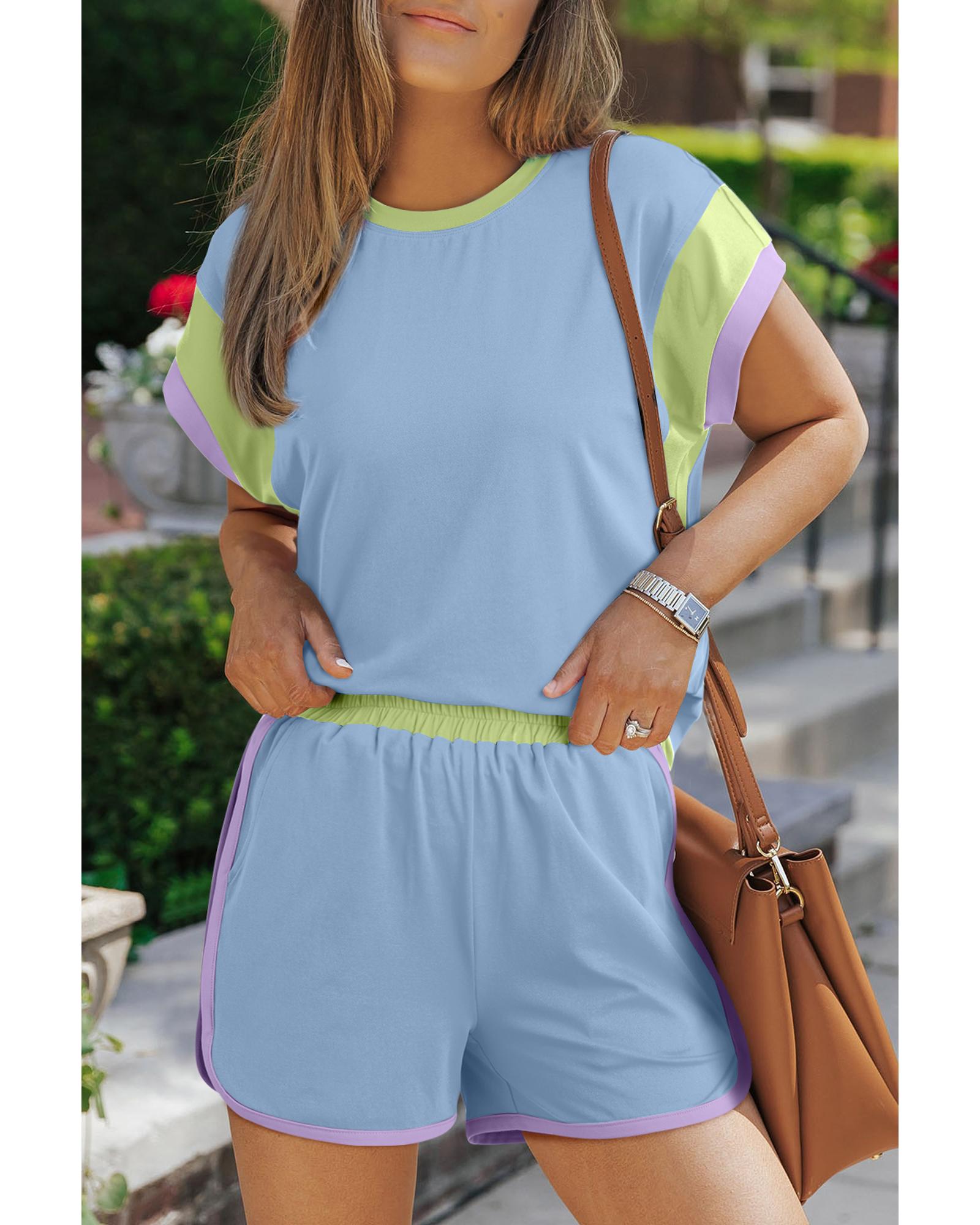 V539-AZEXDC626037-P305-M-202508301605-00 Blue Contrast Trim Cap Sleeve Tee Shorts Set - M - Image 1