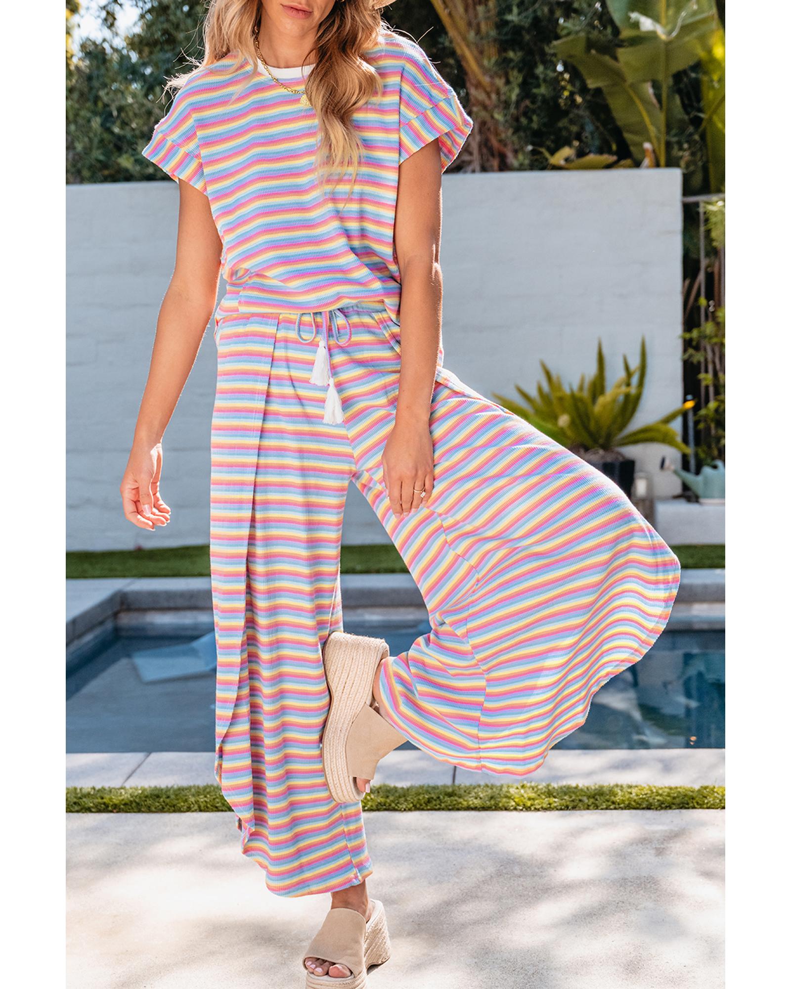 V539-AZEXDC626108-P1019-L-202508302150-00 Pink Stripe Rainbow Tee Tasseled String Wide Leg Pants Set - L - Image 1