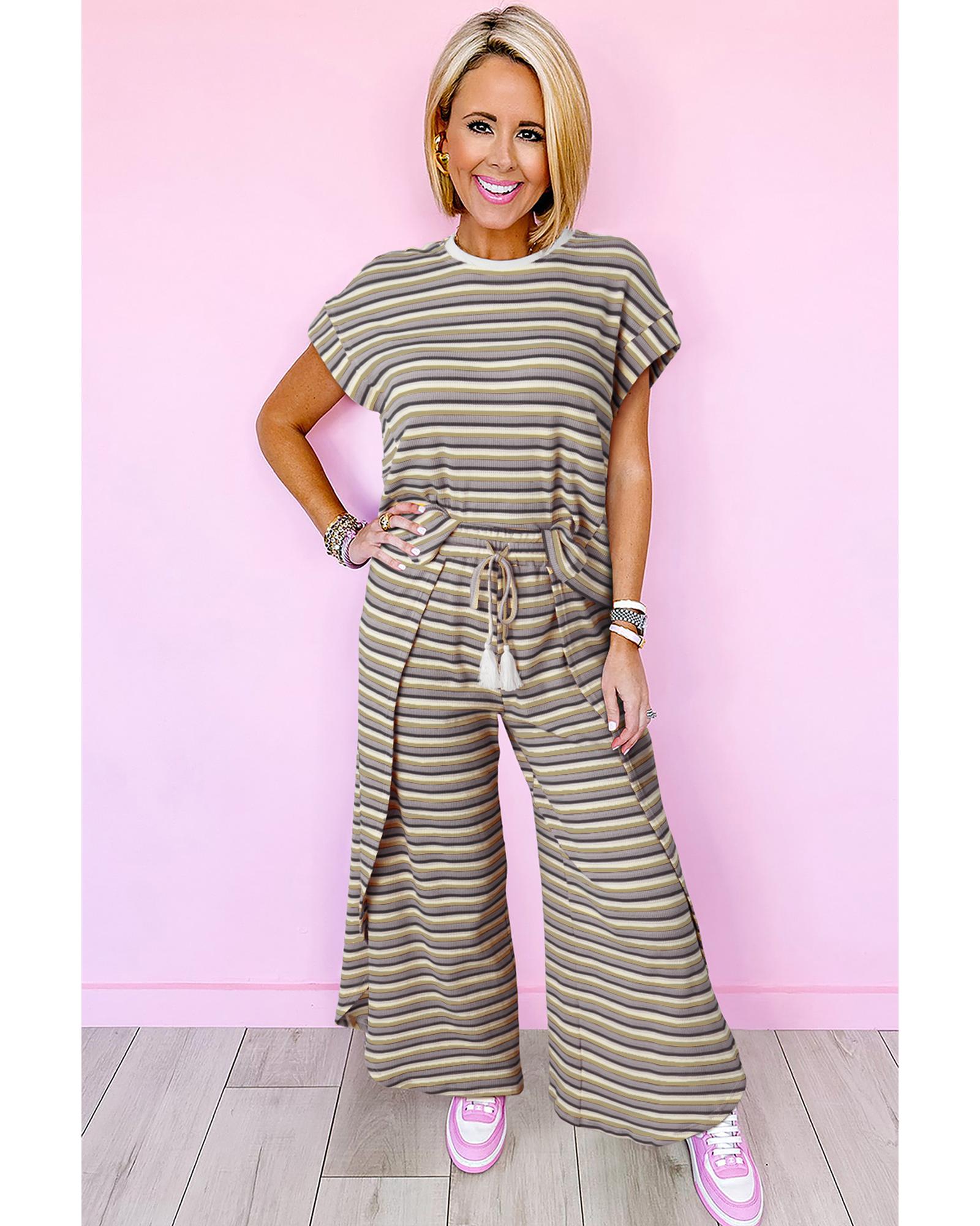 V539-AZEXDC626108-P219-2XL-202508300715-00 Black Stripe Rainbow Tee Tasseled String Wide Leg Pants Set - 2XL - Image 1